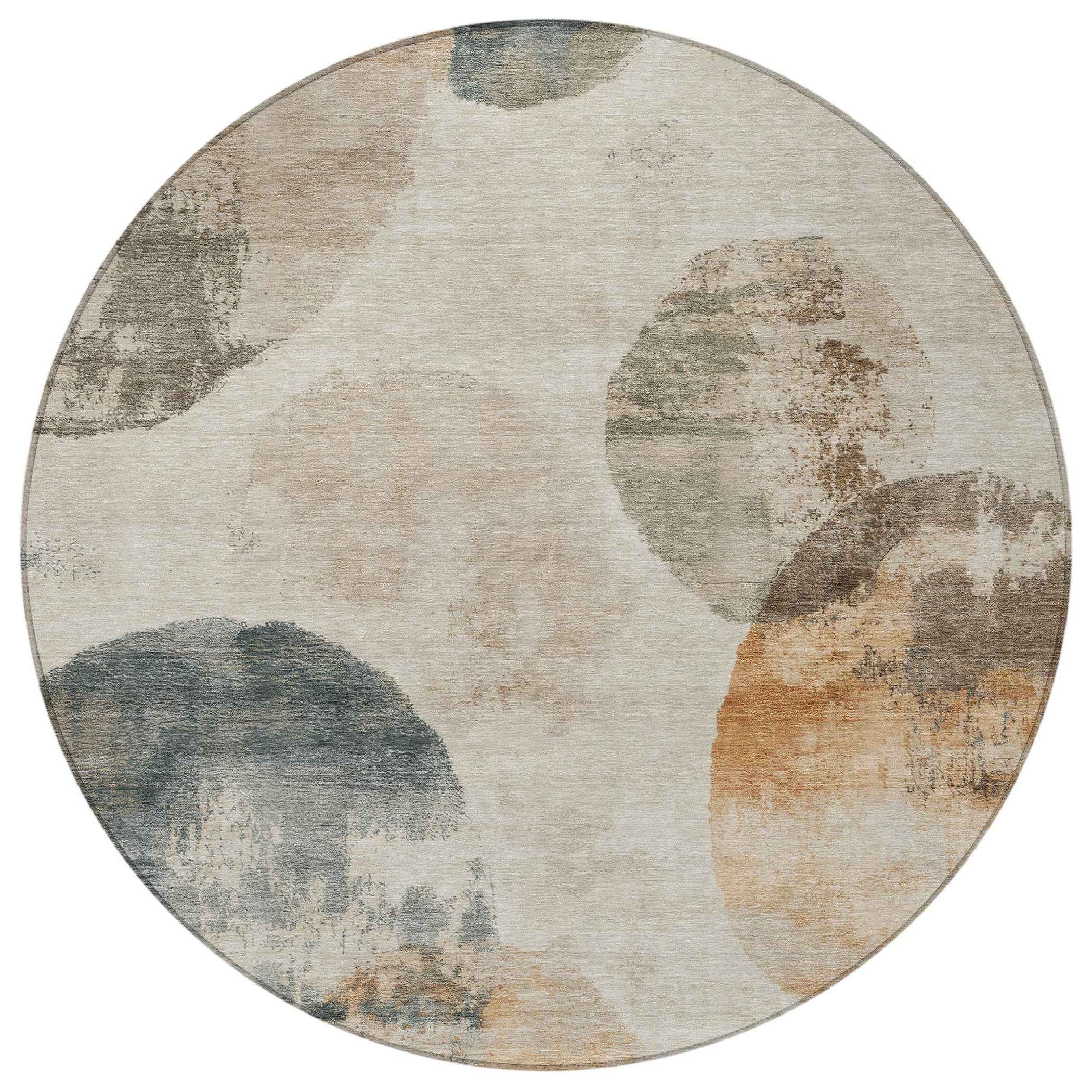 8' Beige Khaki And Ivory Round Abstract Washable Indoor Outdoor Area Rug