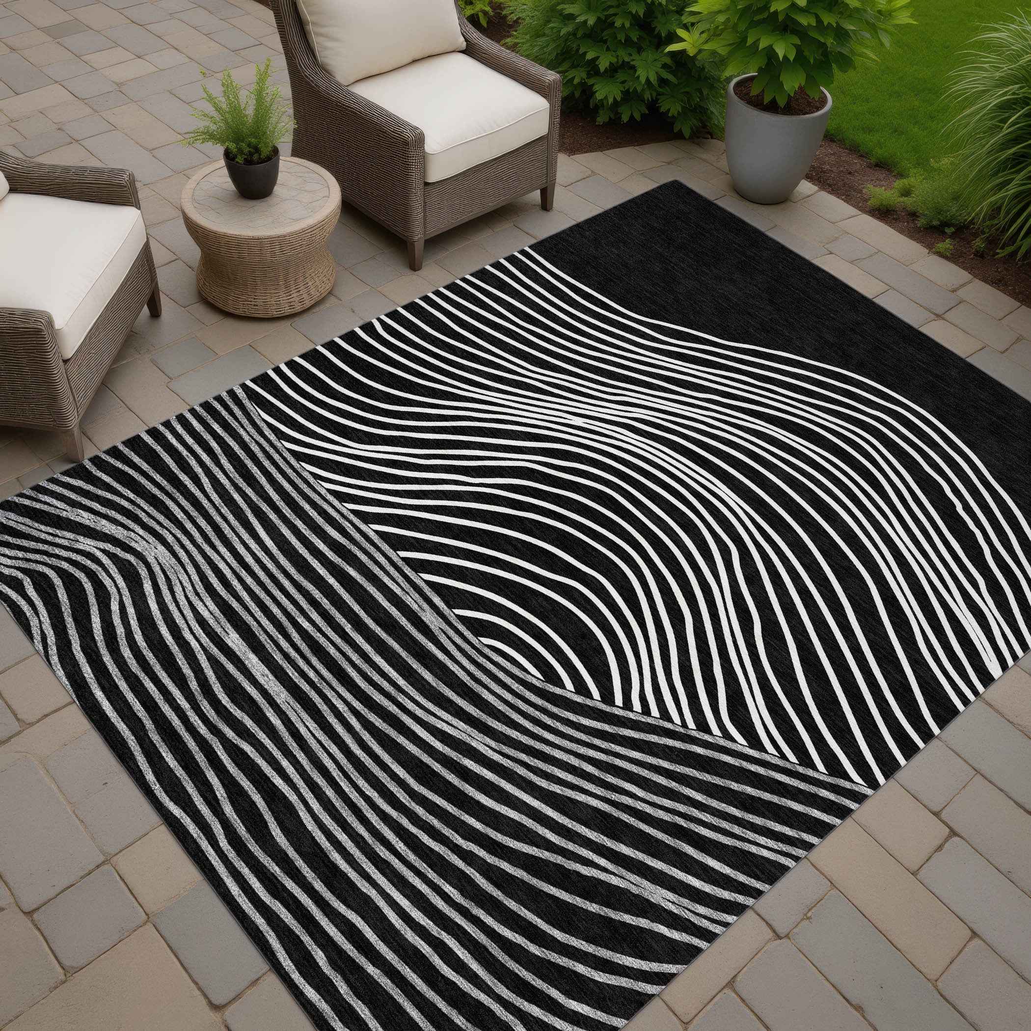 3' X 5' Black Ivory And Gray Striped Washable Indoor Outdoor Area Rug