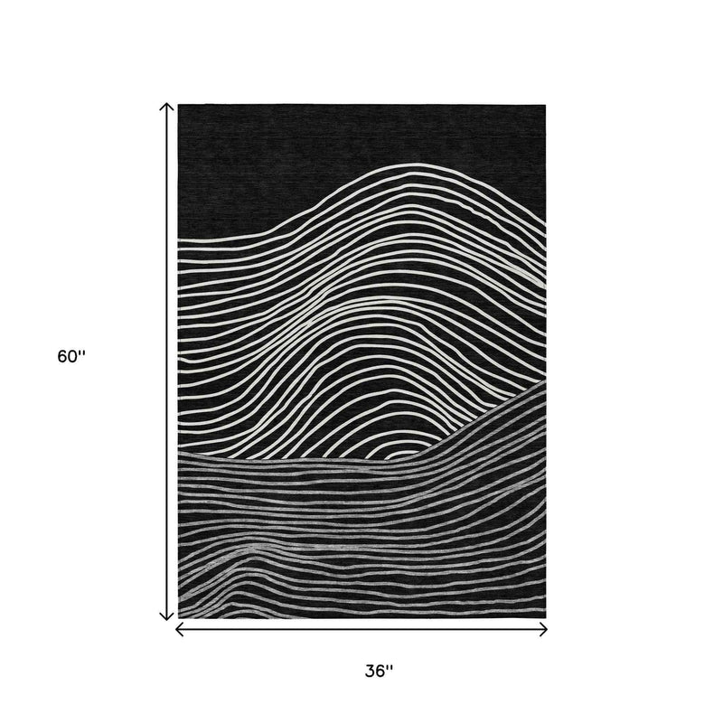 3' X 5' Black Ivory And Gray Striped Washable Indoor Outdoor Area Rug