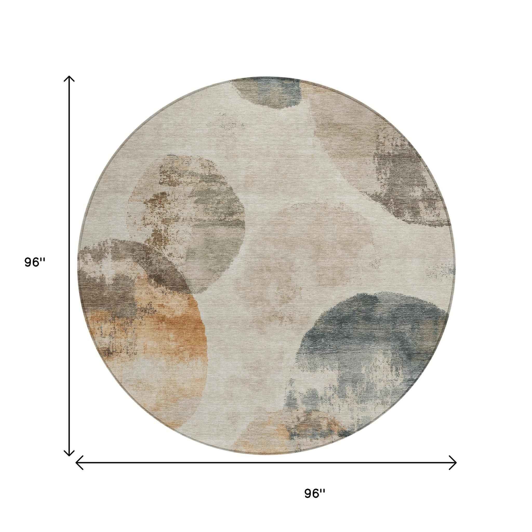 8' Beige Khaki And Ivory Round Abstract Washable Indoor Outdoor Area Rug