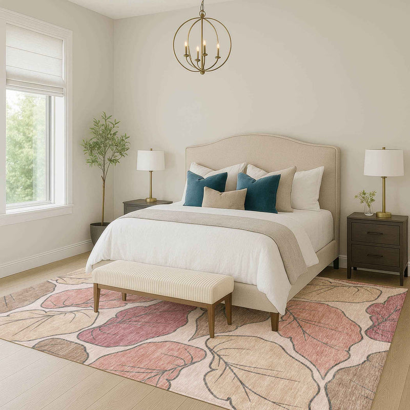 10' X 14' Blush And Ivory Botanical Leaves Washable Indoor Outdoor Area Rug