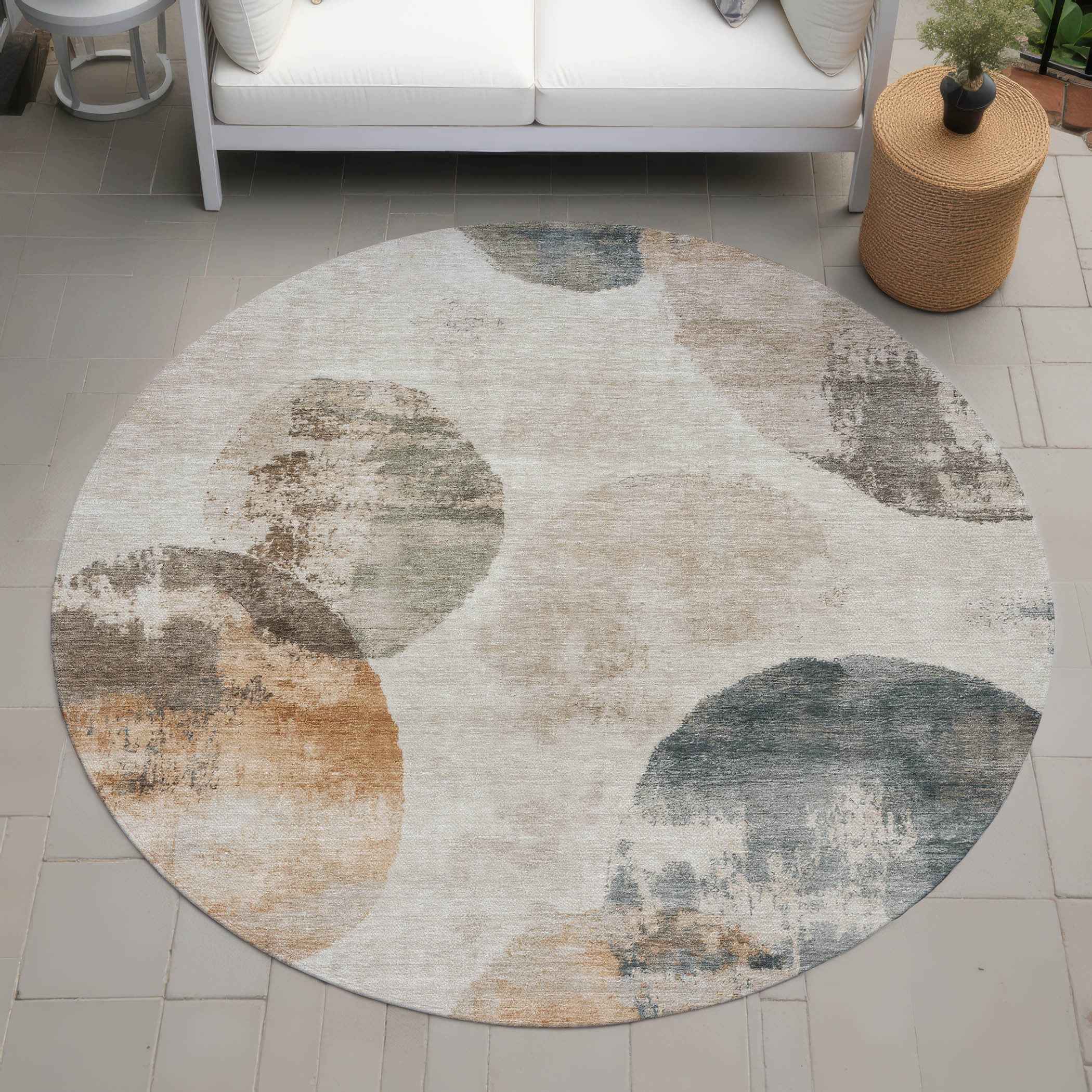 8' Beige Khaki And Ivory Round Abstract Washable Indoor Outdoor Area Rug