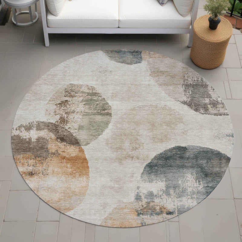8' Beige Khaki And Ivory Round Abstract Washable Indoor Outdoor Area Rug