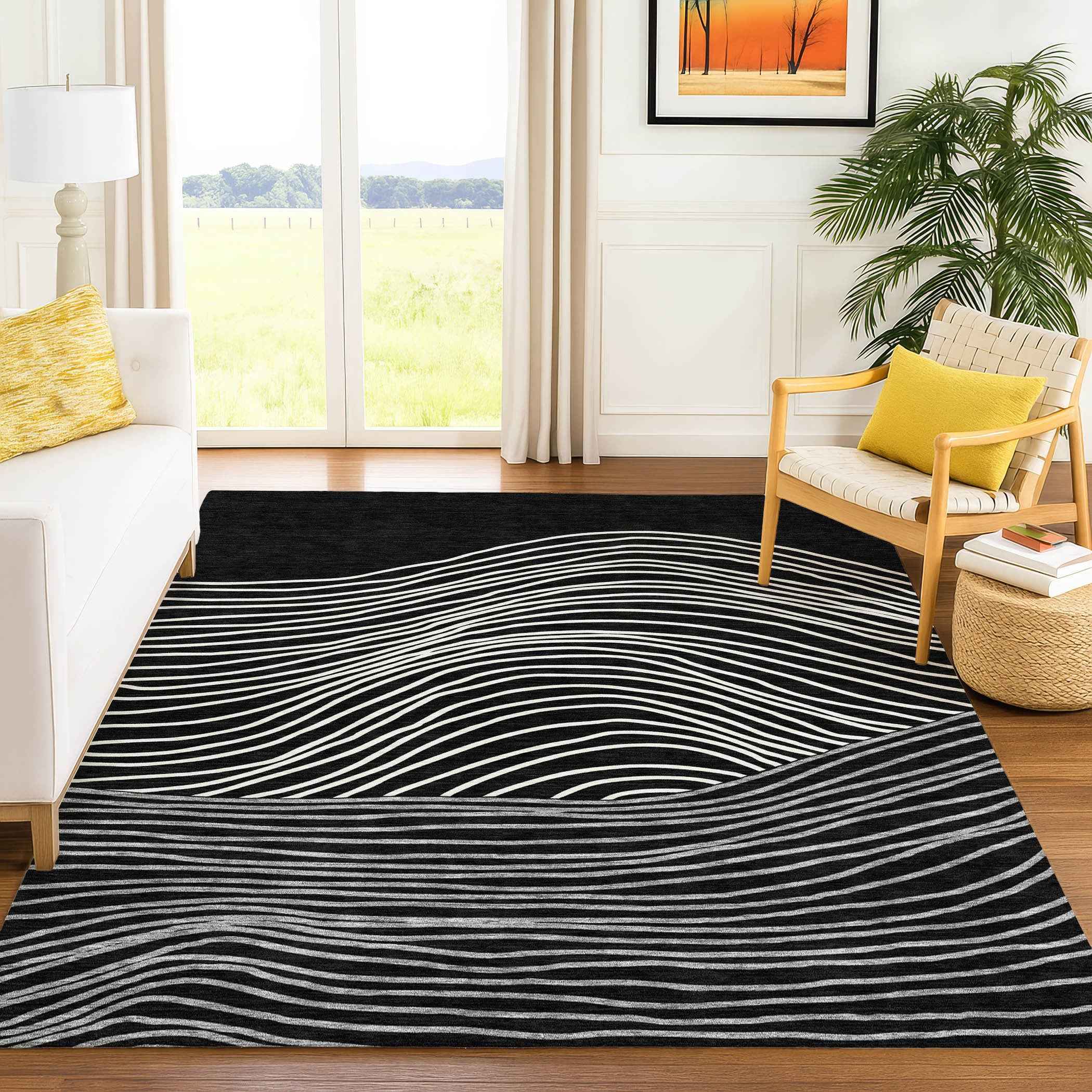 3' X 5' Black Ivory And Gray Striped Washable Indoor Outdoor Area Rug