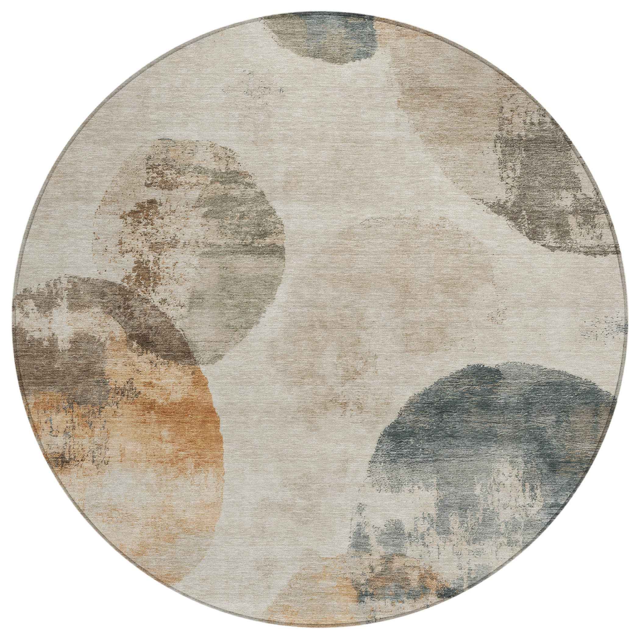 8' Beige Khaki And Ivory Round Abstract Washable Indoor Outdoor Area Rug