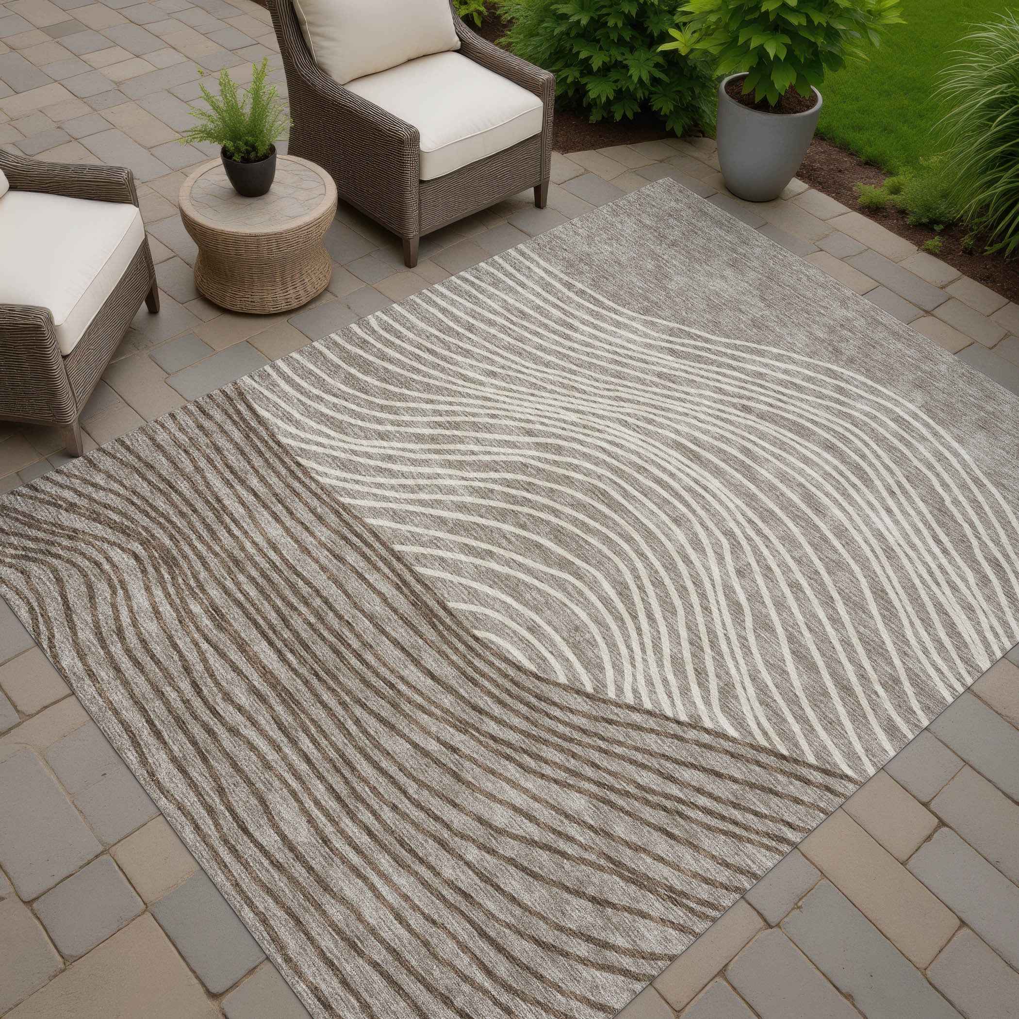 9' X 12' Taupe Beige And Brown Striped Washable Indoor Outdoor Area Rug