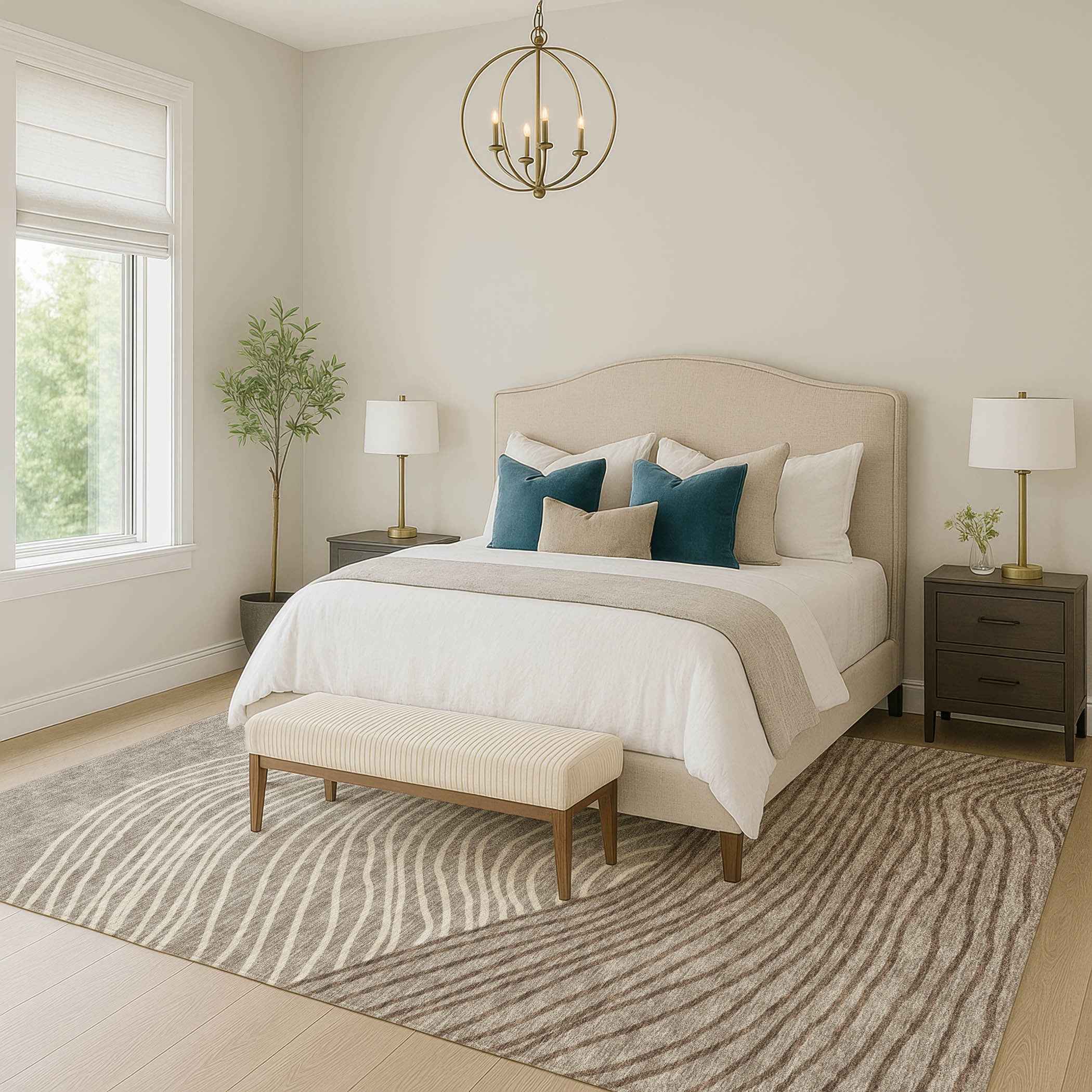 9' X 12' Taupe Beige And Brown Striped Washable Indoor Outdoor Area Rug