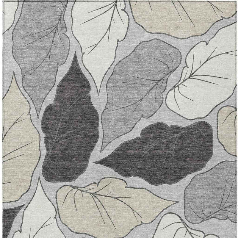 10' X 14' Silver Gray And Beige Botanical Leaves Washable Indoor Outdoor Area Rug