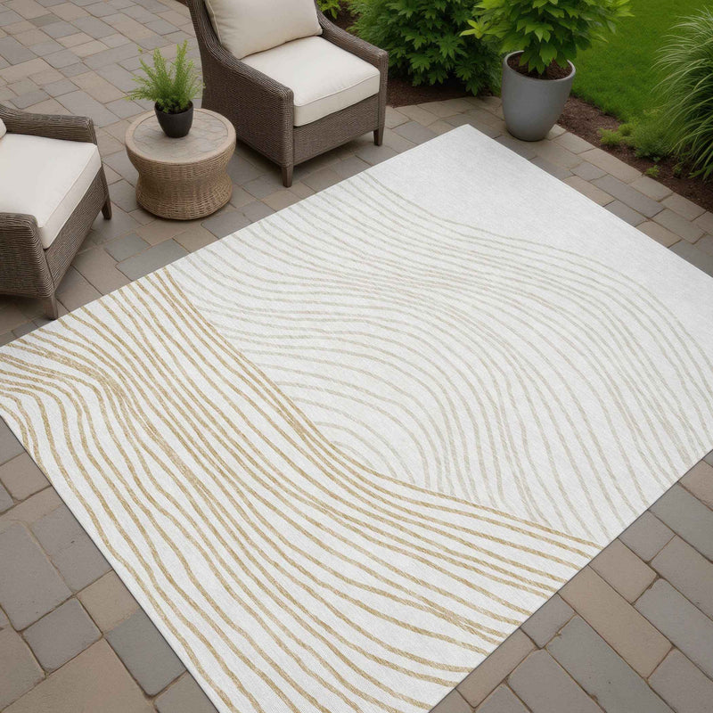5' X 8' Ivory And Wheat Striped Washable Indoor Outdoor Area Rug