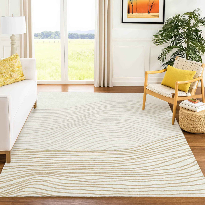 5' X 8' Ivory And Wheat Striped Washable Indoor Outdoor Area Rug