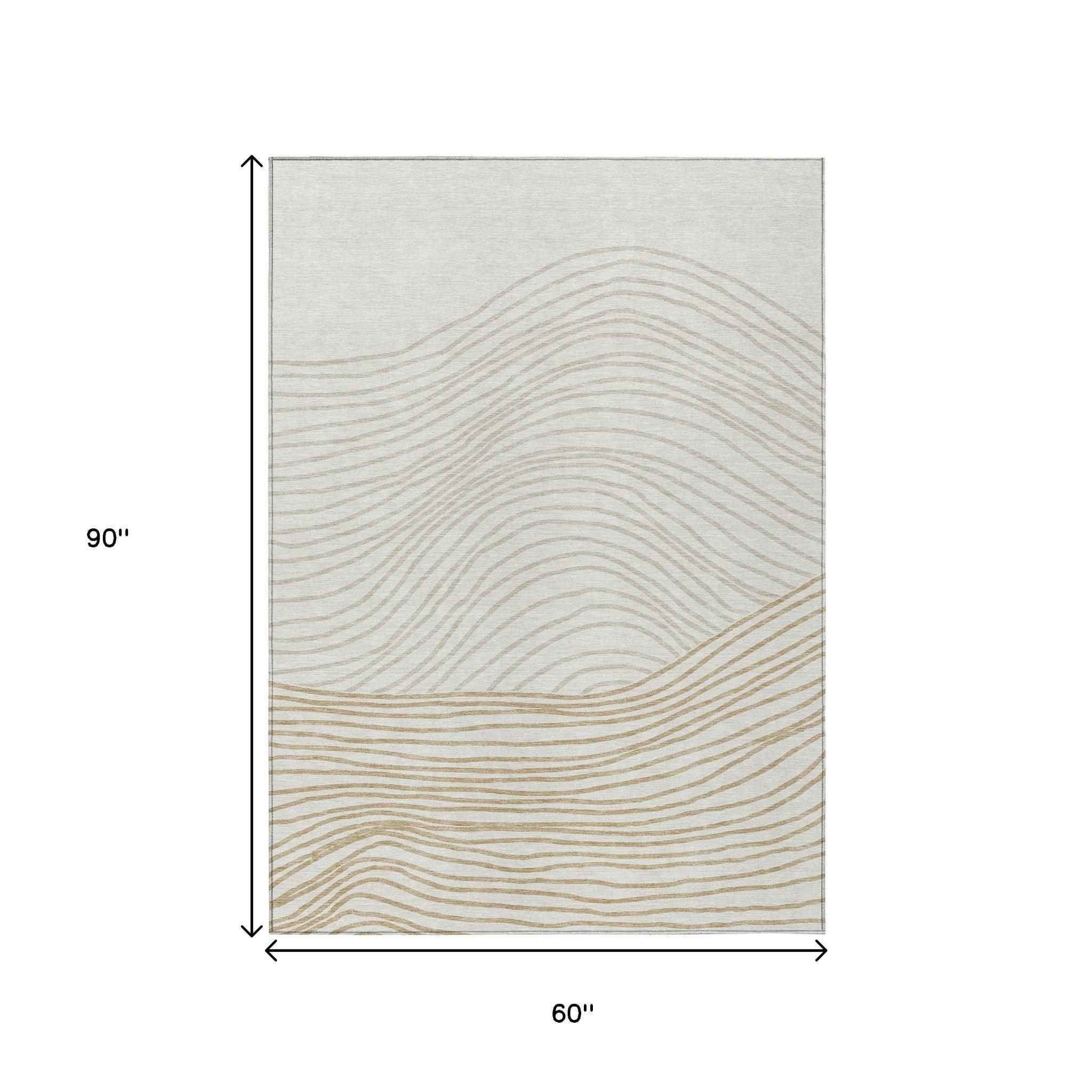 5' X 8' Ivory And Wheat Striped Washable Indoor Outdoor Area Rug