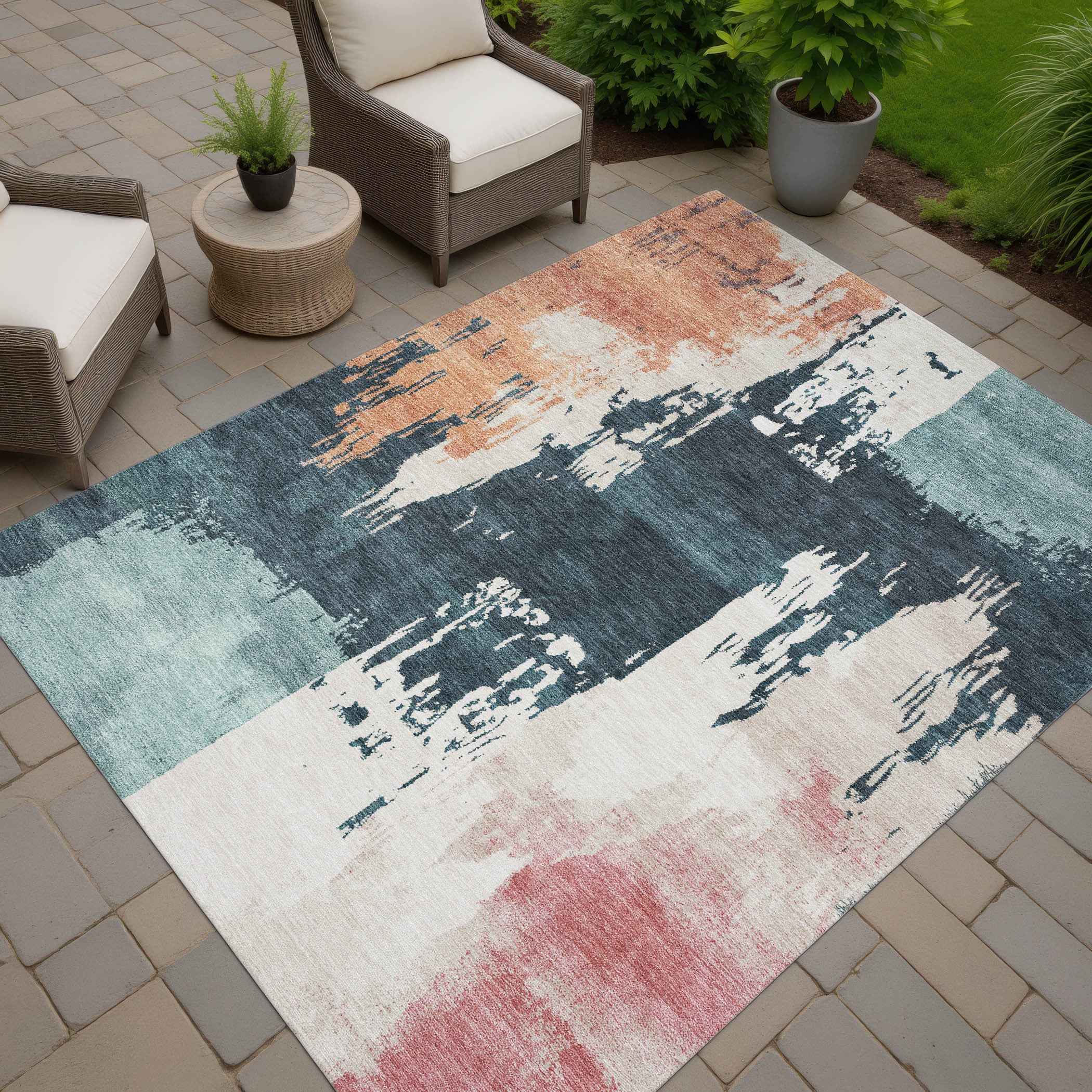 3' X 5' Teal Blue Pink And Orange Abstract Washable Indoor Outdoor Area Rug