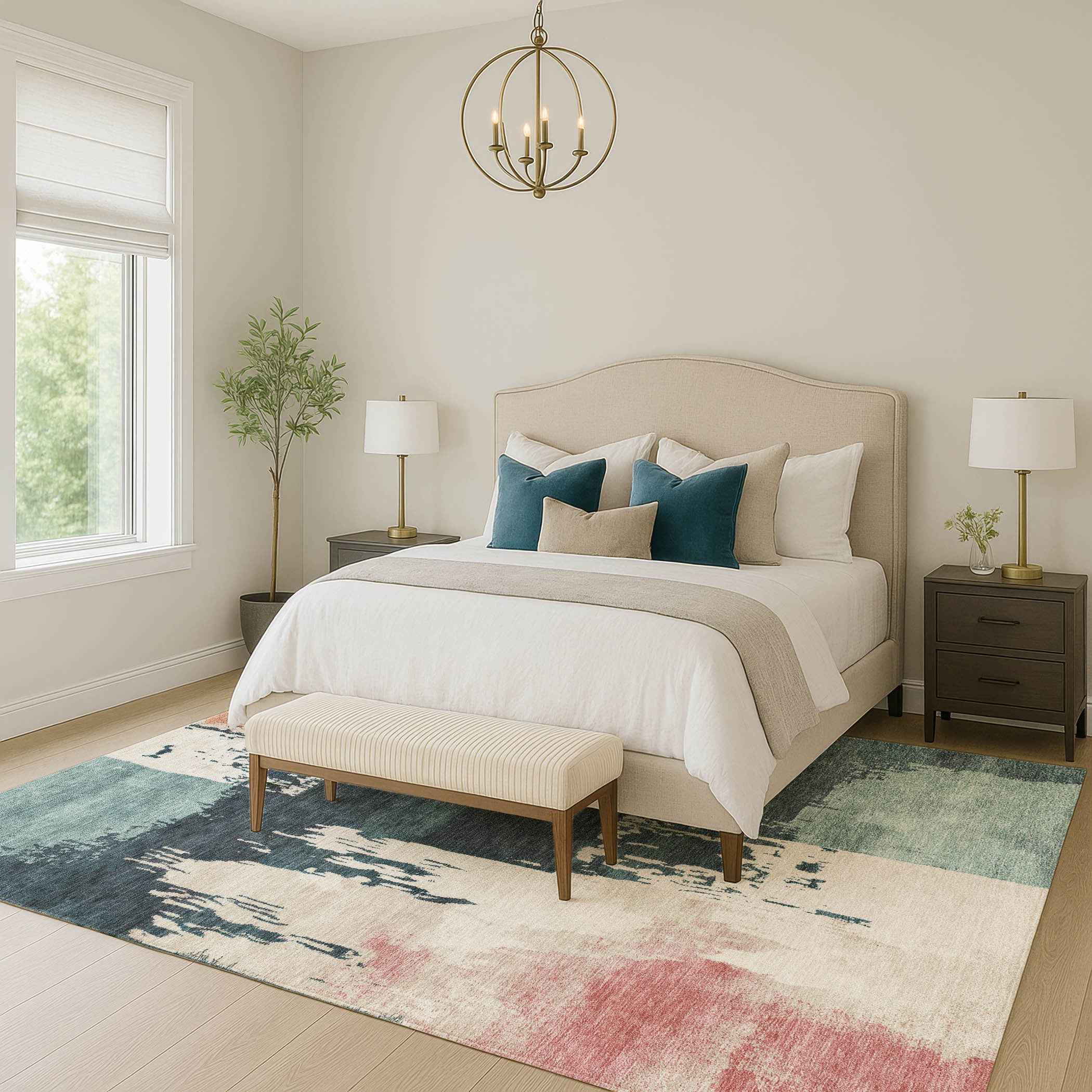 3' X 5' Teal Blue Pink And Orange Abstract Washable Indoor Outdoor Area Rug