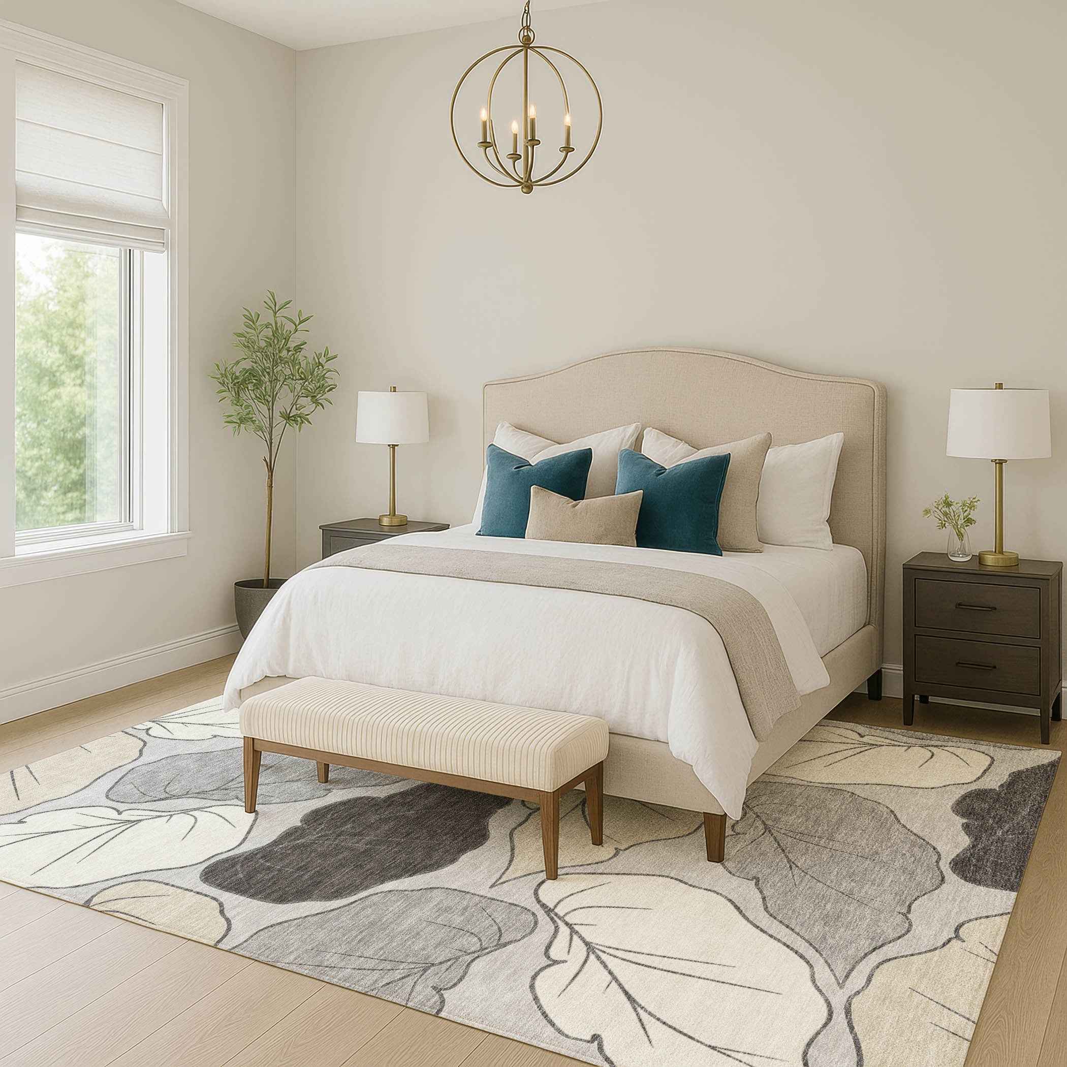 8' X 10' Silver Gray And Beige Botanical Leaves Washable Indoor Outdoor Area Rug