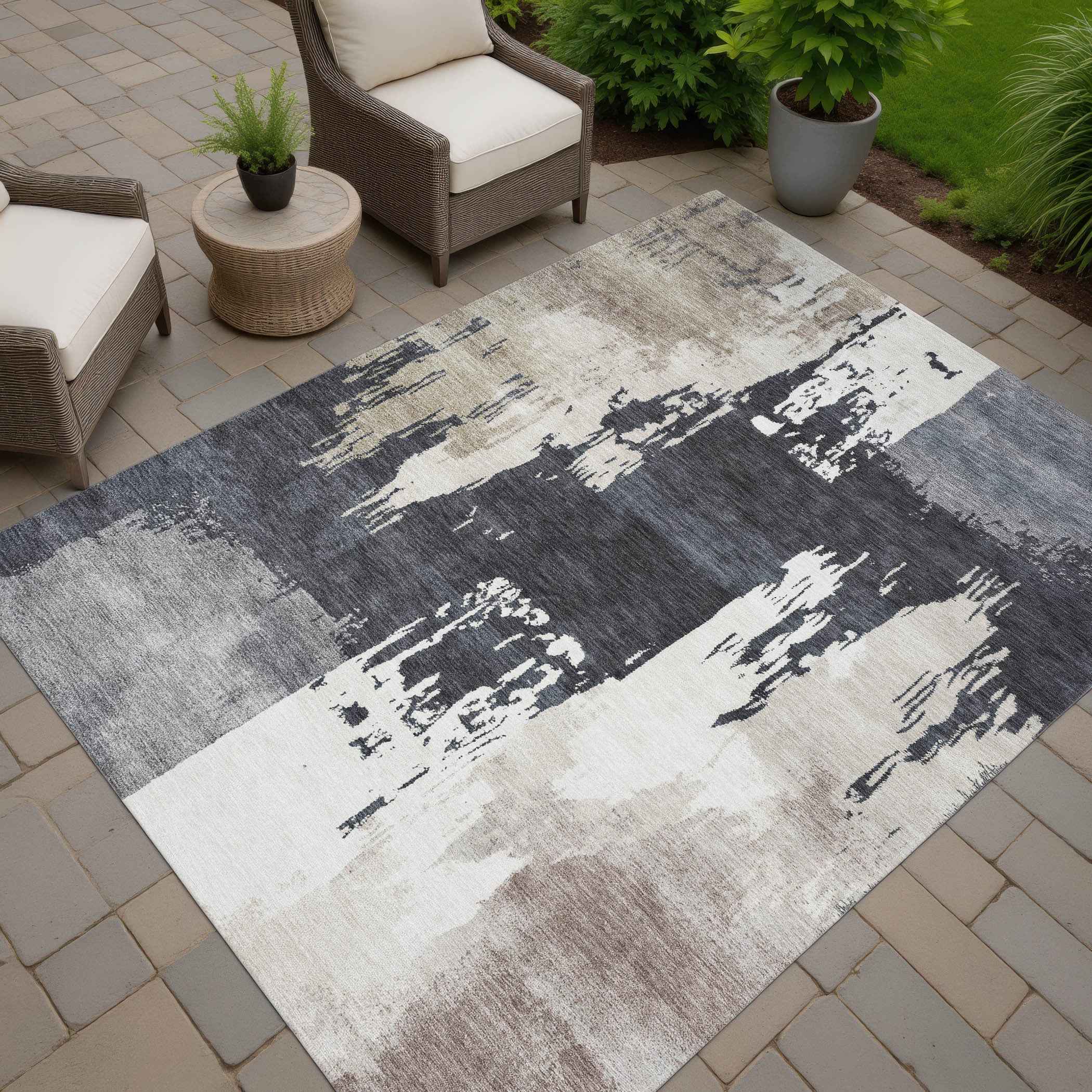 5' X 8' Charcoal Ivory And Beige Abstract Washable Indoor Outdoor Area Rug