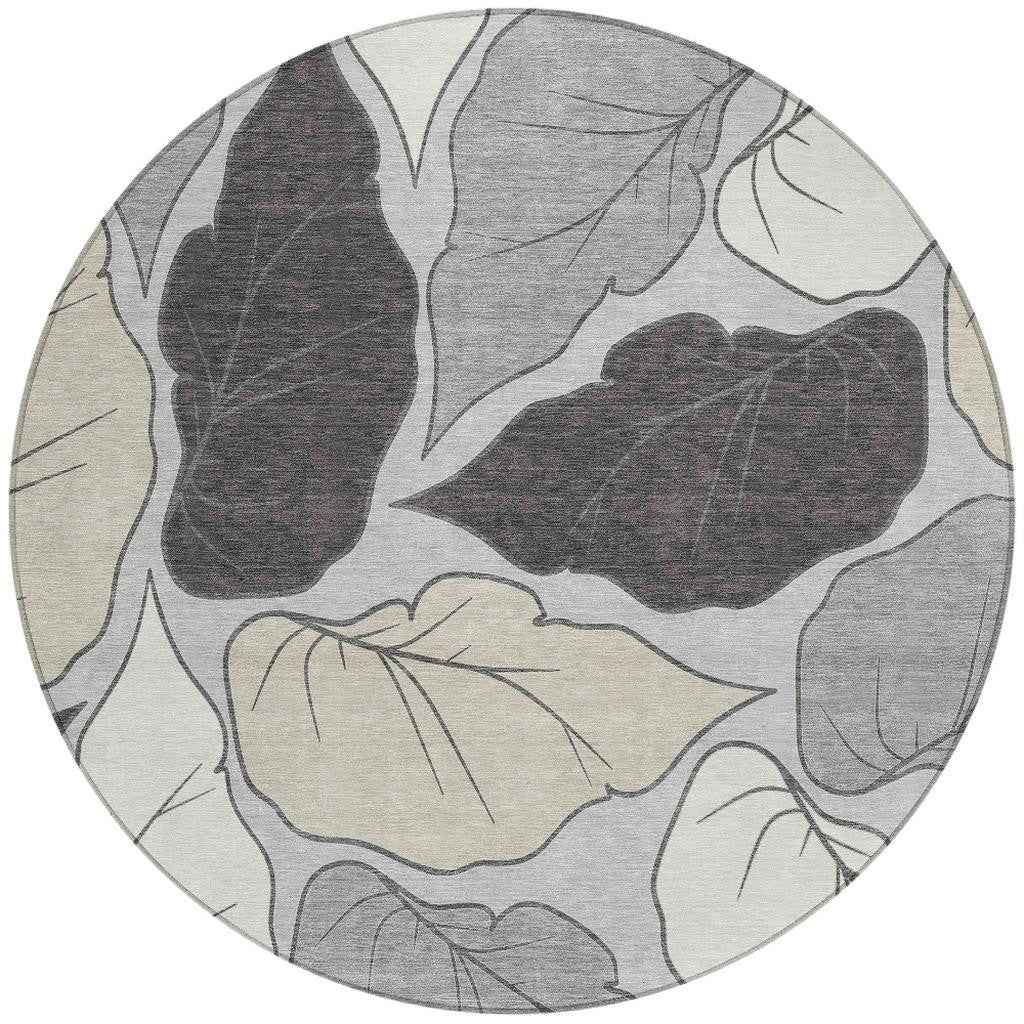 8' Silver Gray And Beige Round Botanical Leaves Washable Indoor Outdoor Area Rug