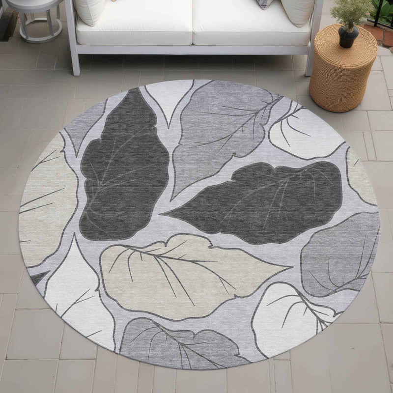 8' Silver Gray And Beige Round Botanical Leaves Washable Indoor Outdoor Area Rug