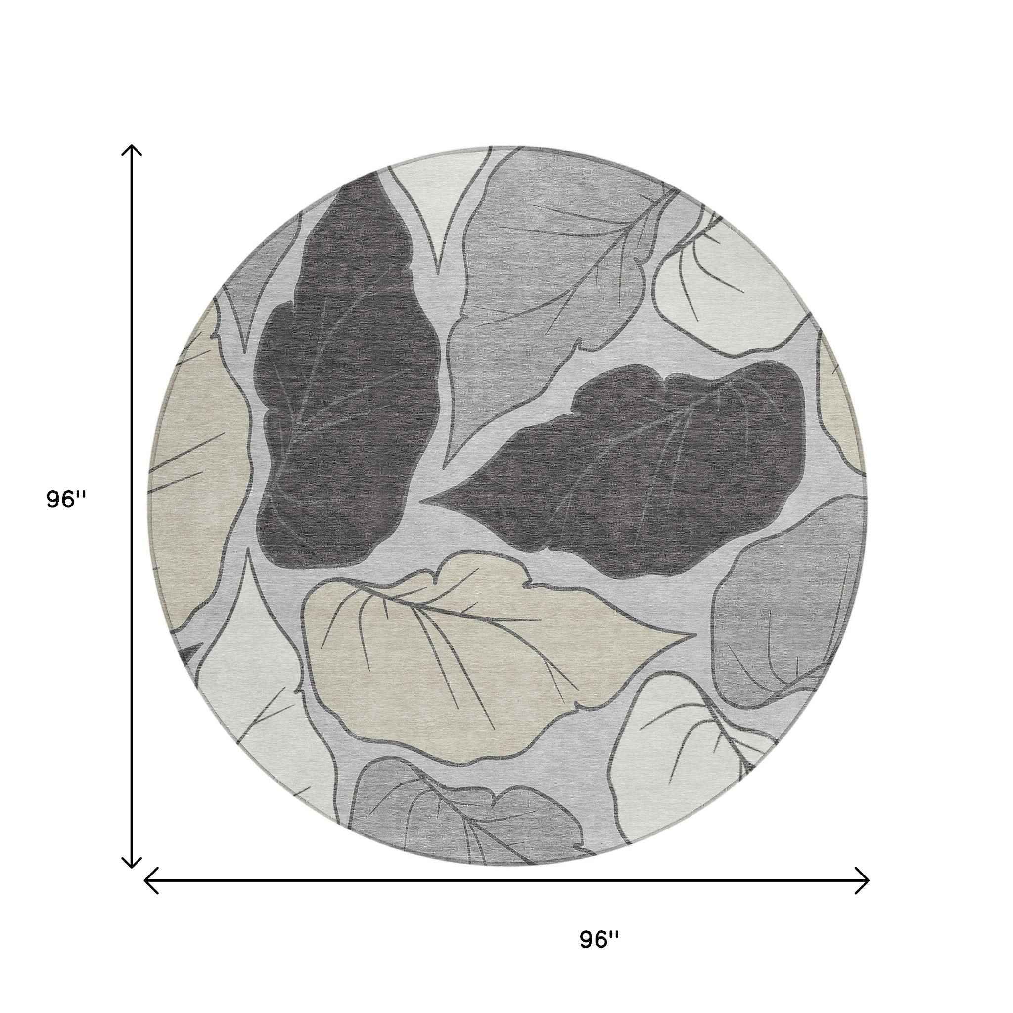 8' Silver Gray And Beige Round Botanical Leaves Washable Indoor Outdoor Area Rug