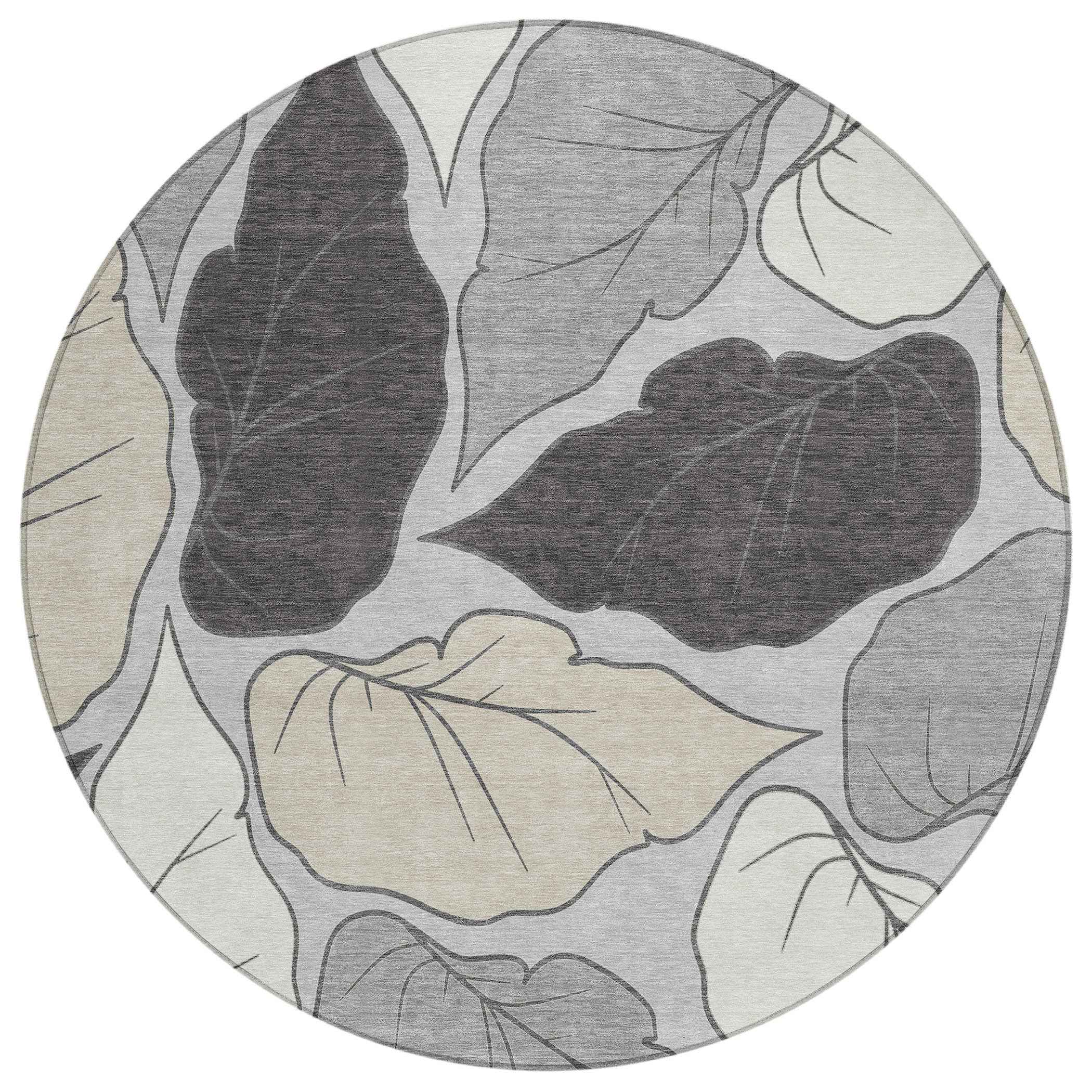 8' Silver Gray And Beige Round Botanical Leaves Washable Indoor Outdoor Area Rug