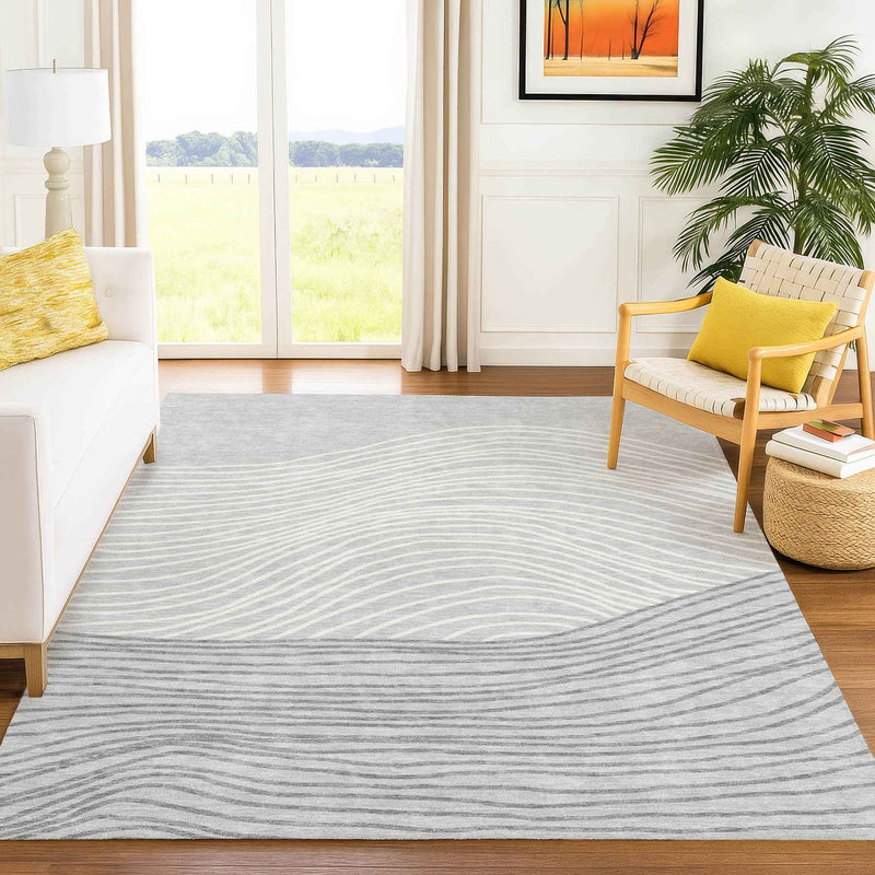 10' X 14' Gray And Ivory Striped Washable Indoor Outdoor Area Rug