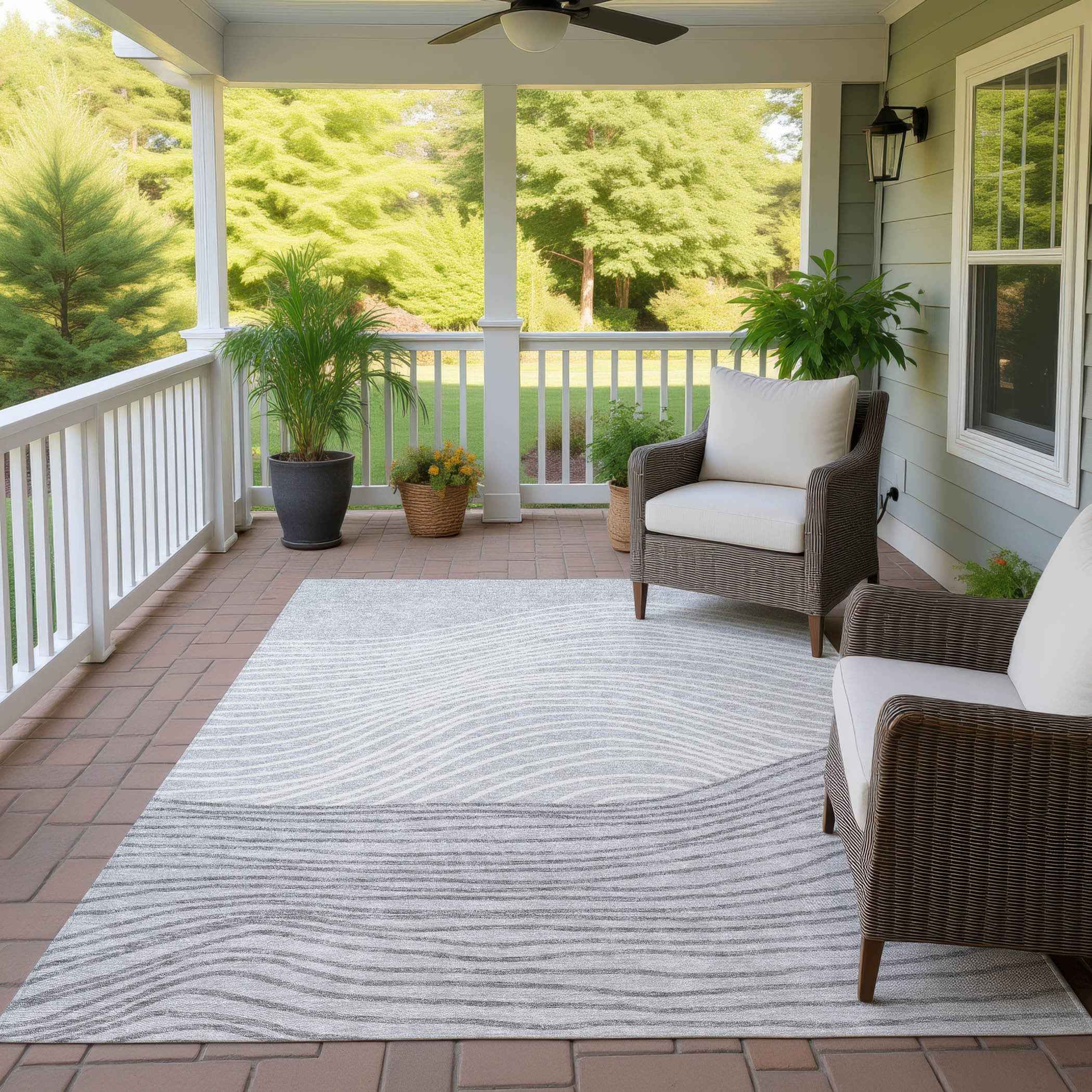 10' X 14' Gray And Ivory Striped Washable Indoor Outdoor Area Rug