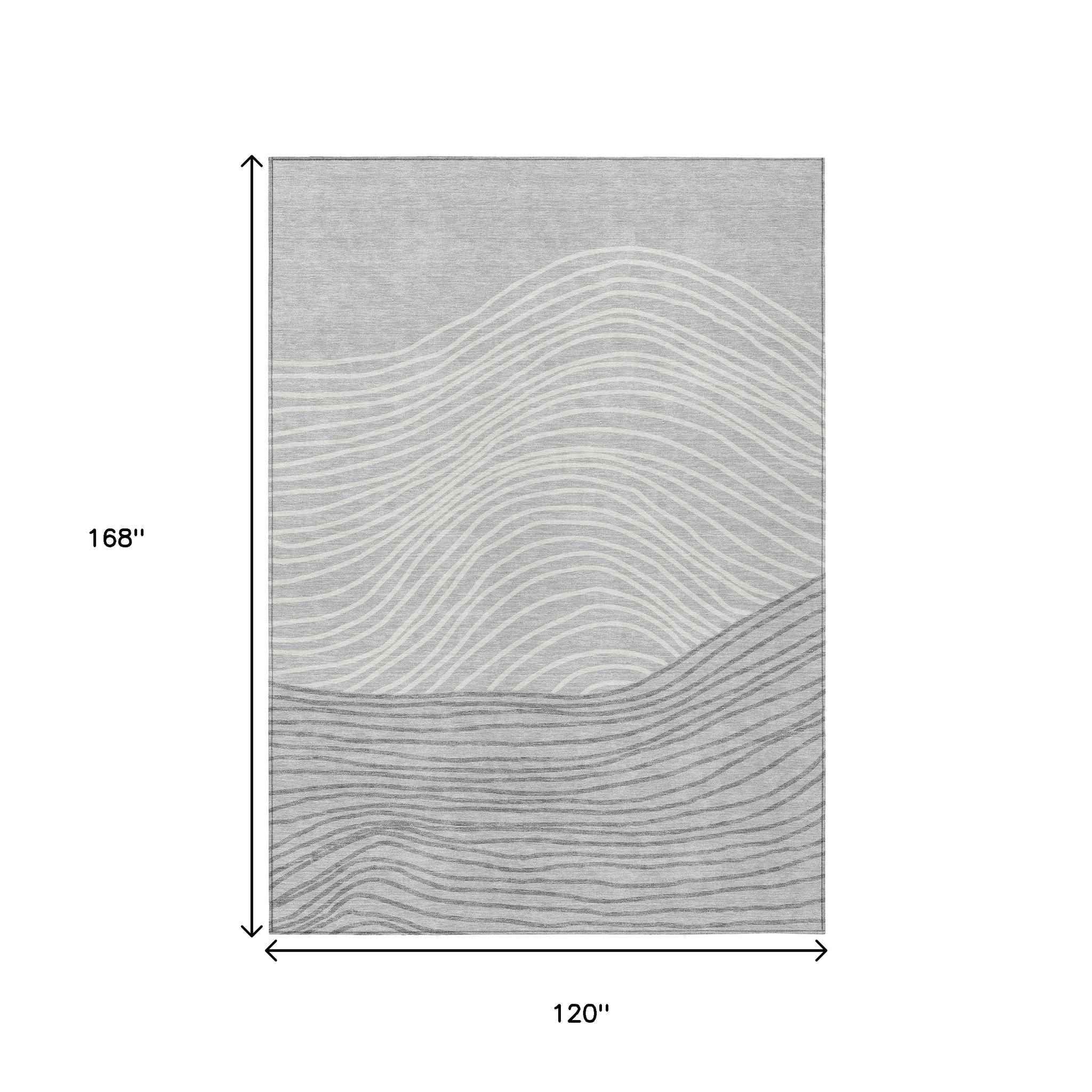 10' X 14' Gray And Ivory Striped Washable Indoor Outdoor Area Rug