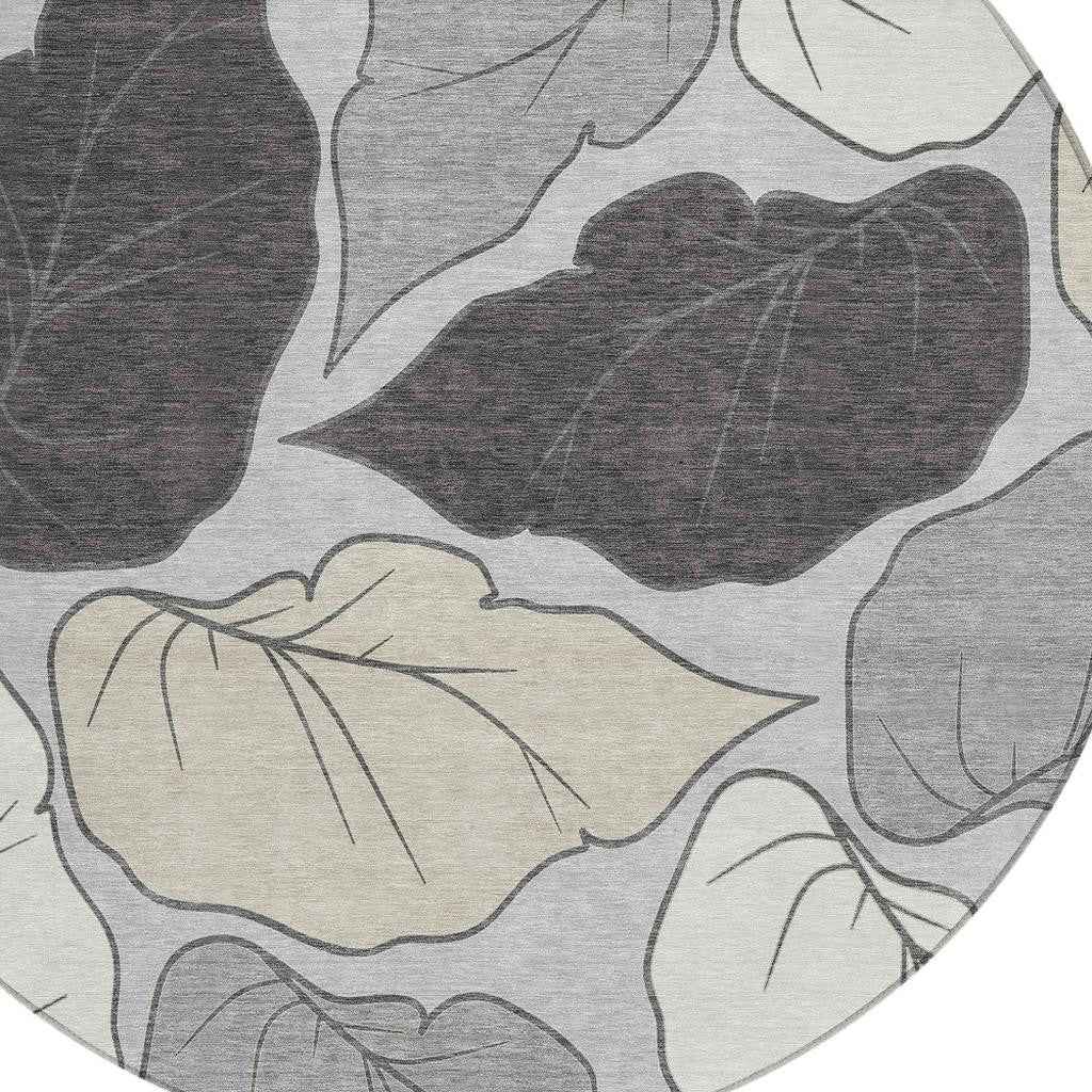 8' Silver Gray And Beige Round Botanical Leaves Washable Indoor Outdoor Area Rug