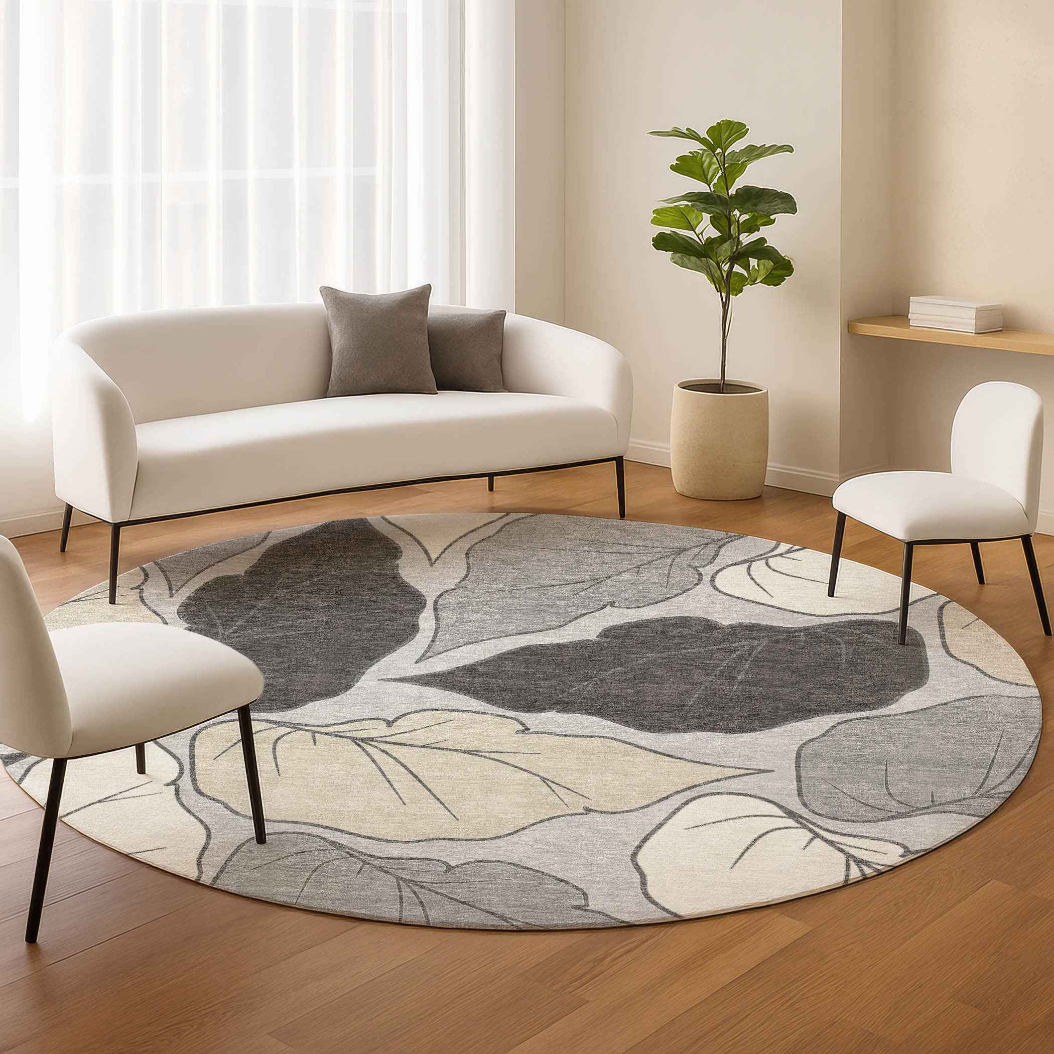 8' Silver Gray And Beige Round Botanical Leaves Washable Indoor Outdoor Area Rug