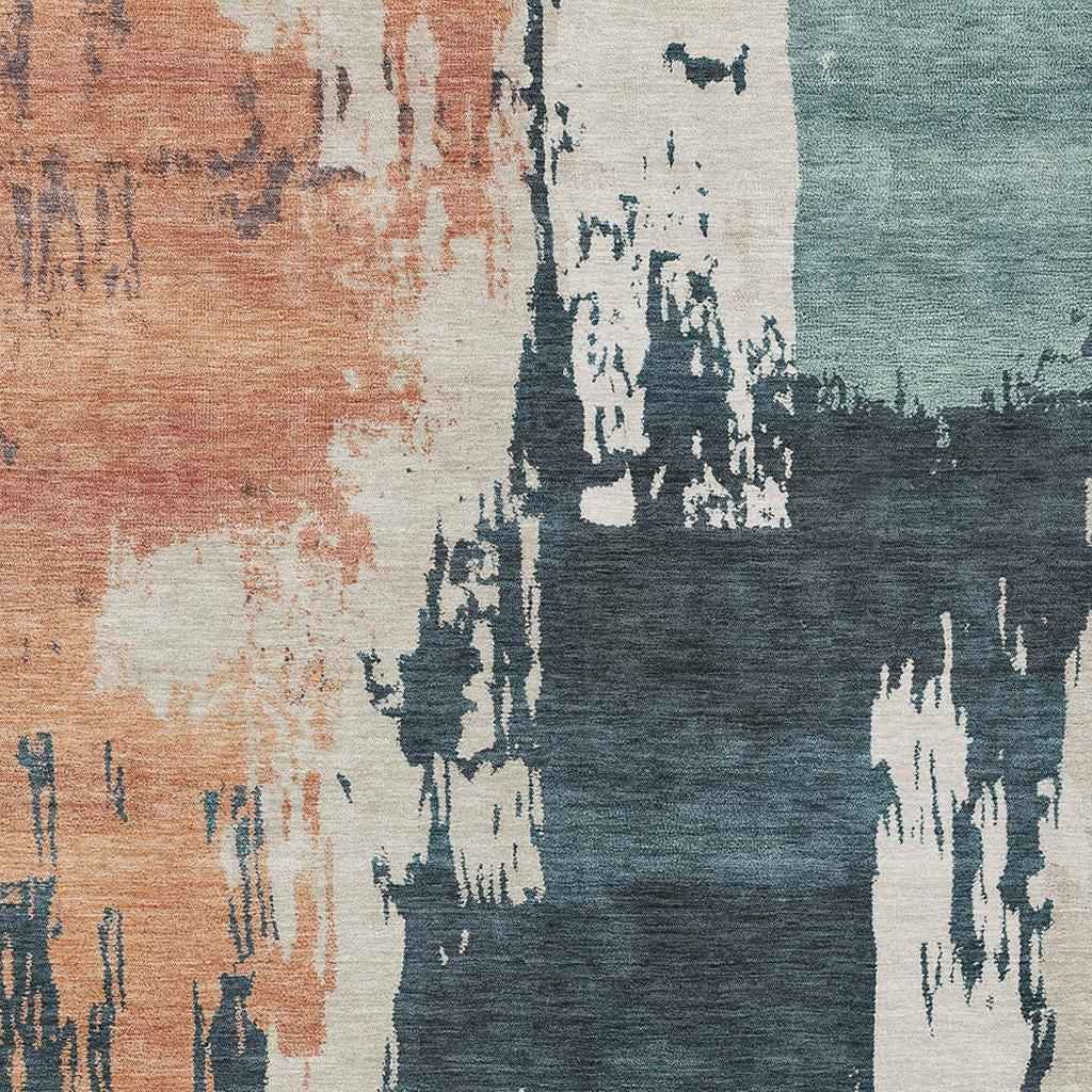 5' X 8' Teal Blue Pink And Orange Abstract Washable Indoor Outdoor Area Rug
