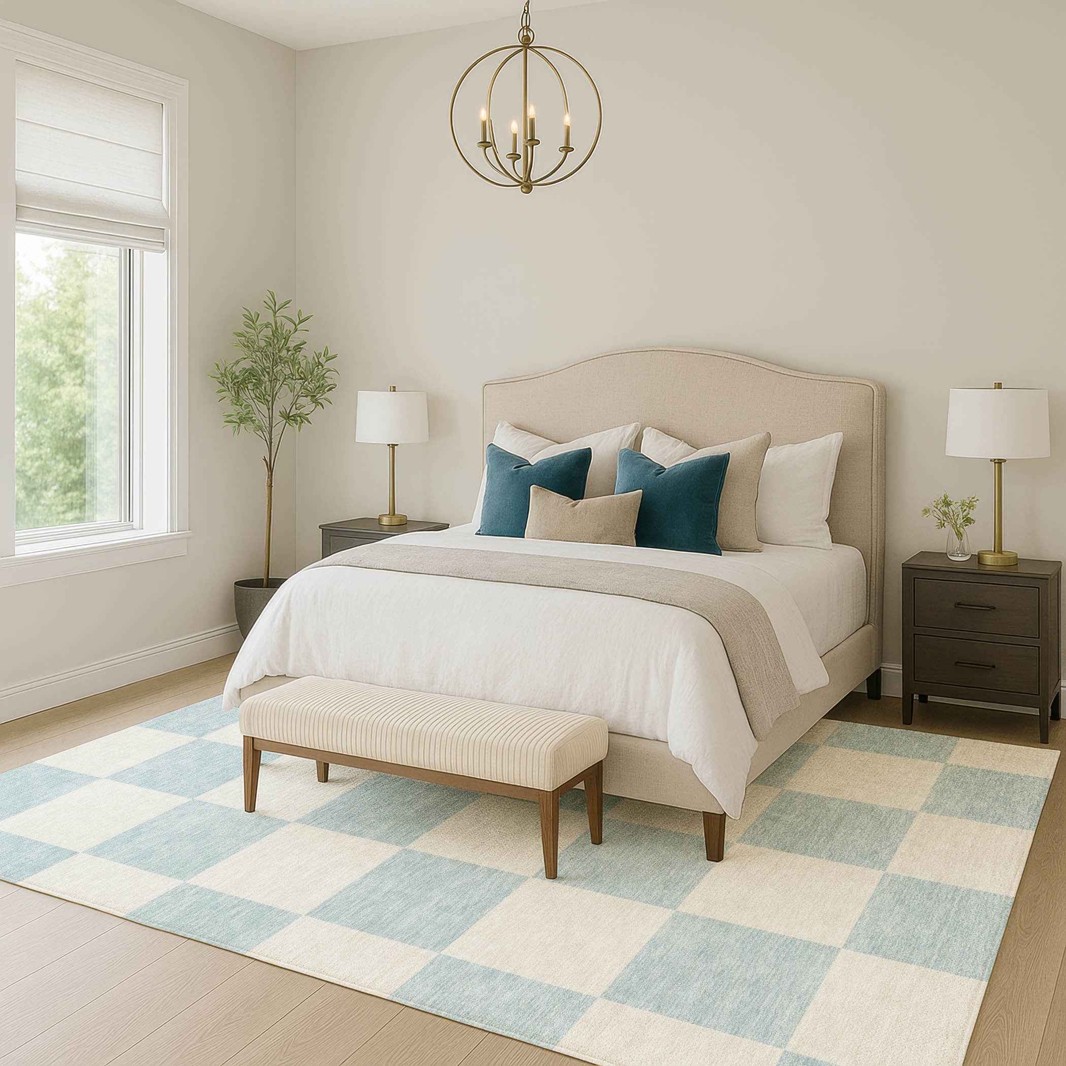 5' X 8' Sky Blue And Ivory Geometric Washable Indoor Outdoor Area Rug