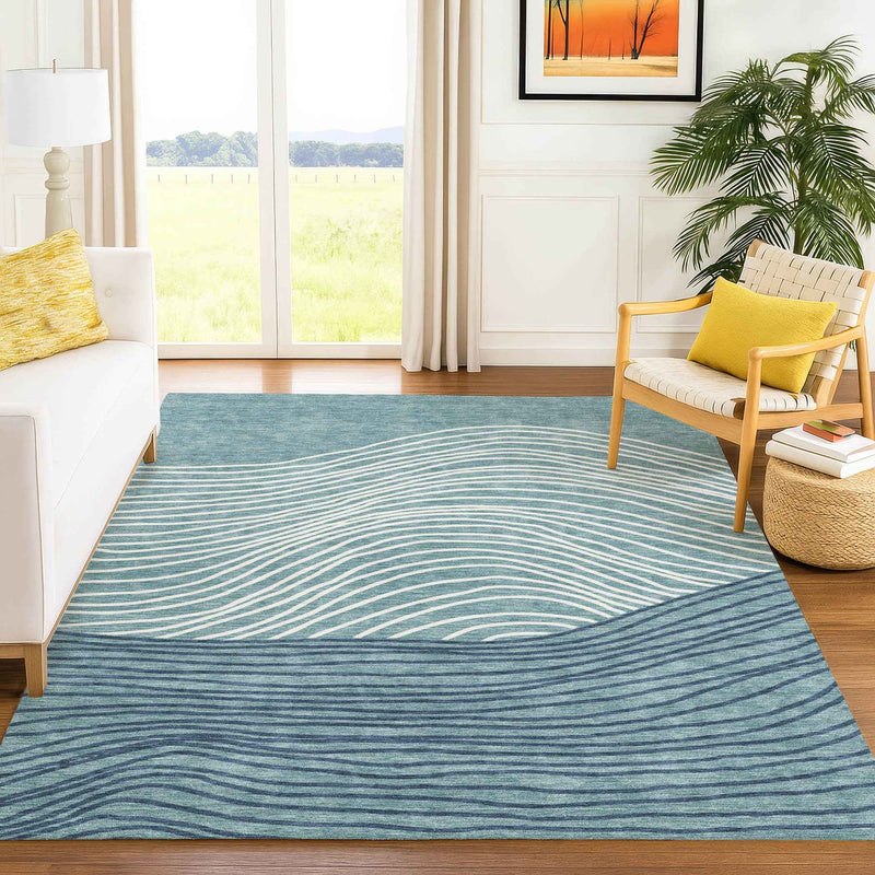 3' X 5' Teal Blue And Ivory Striped Washable Indoor Outdoor Area Rug