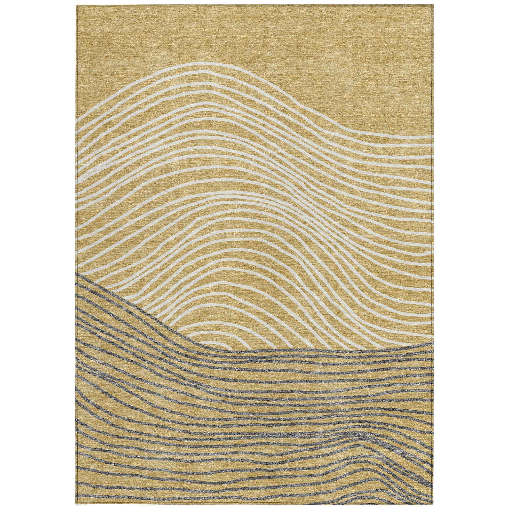 8' X 10' Gold Ivory And Charcoal Striped Washable Indoor Outdoor Area Rug