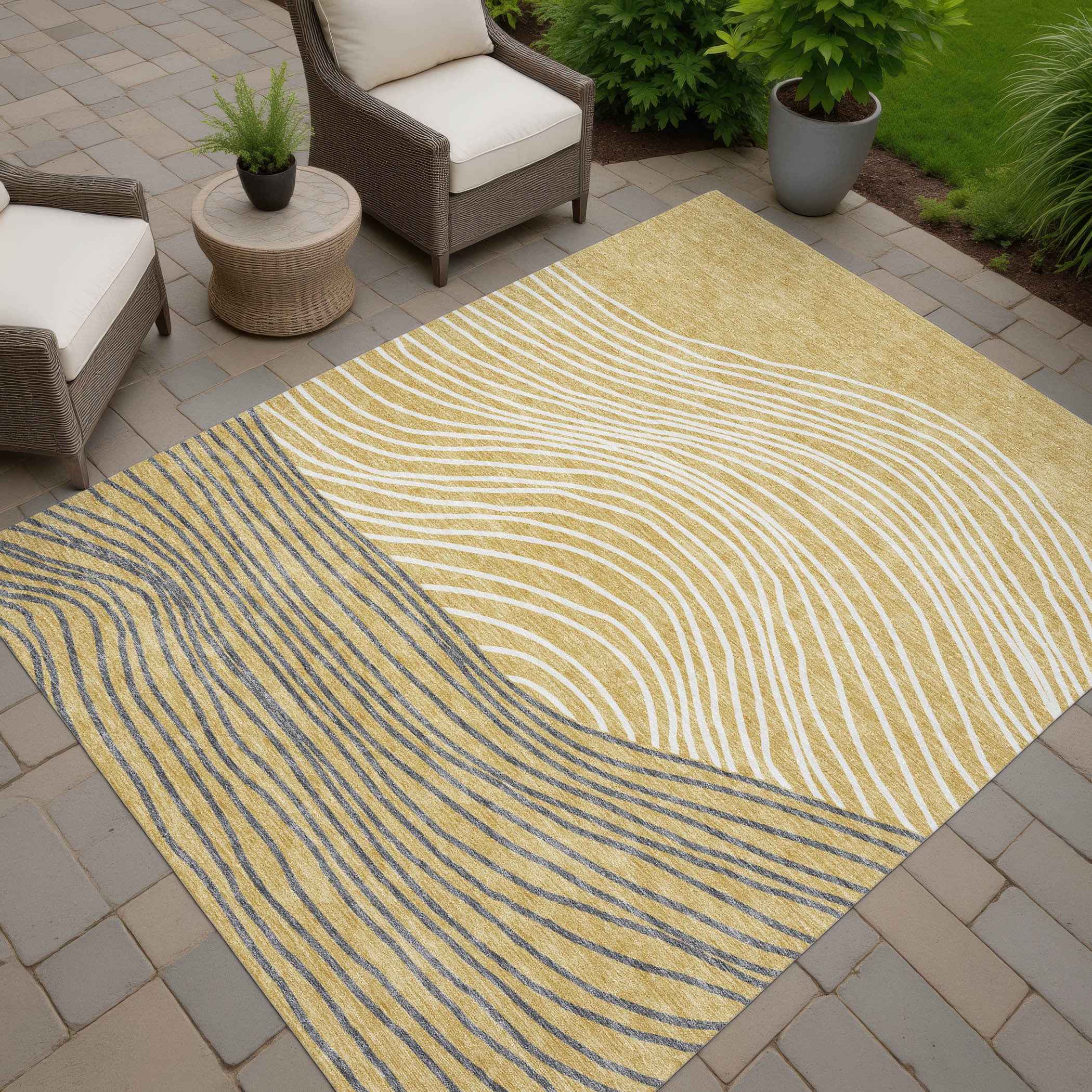 8' X 10' Gold Ivory And Charcoal Striped Washable Indoor Outdoor Area Rug