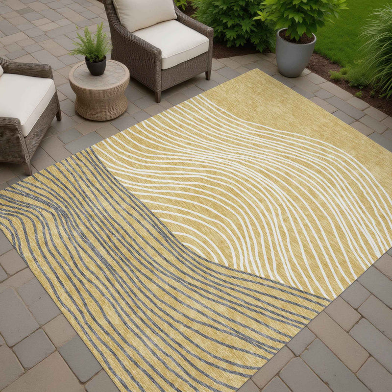 8' X 10' Gold Ivory And Charcoal Striped Washable Indoor Outdoor Area Rug