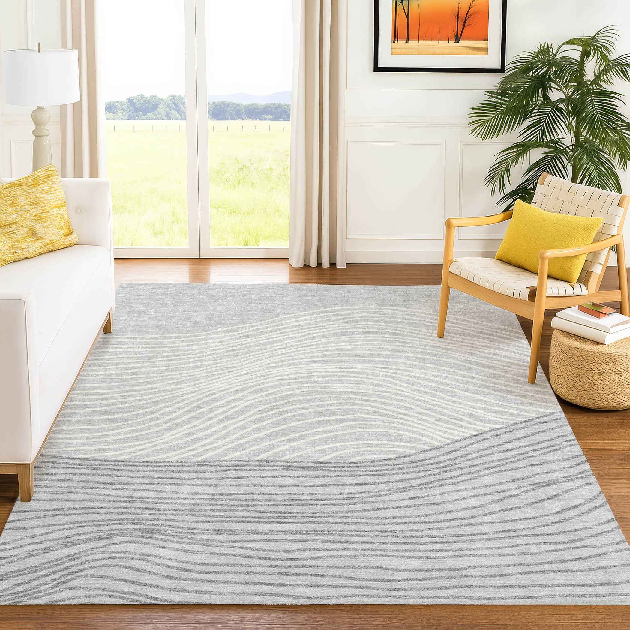 8' X 10' Gray And Ivory Striped Washable Indoor Outdoor Area Rug