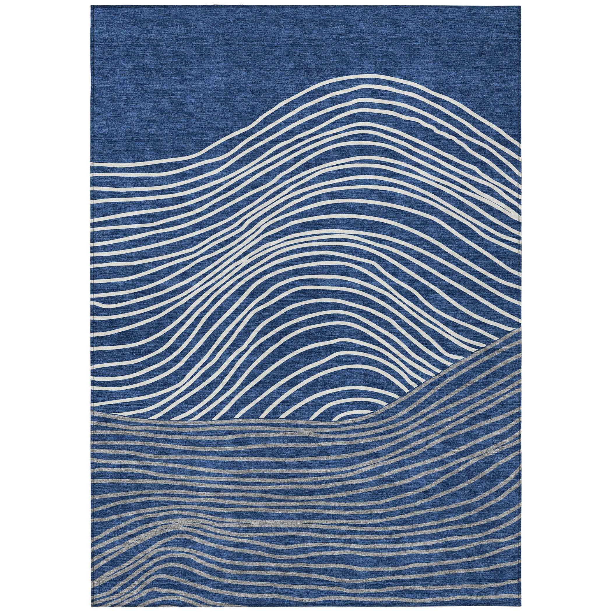 5' X 8' Navy Blue And Ivory Striped Washable Indoor Outdoor Area Rug