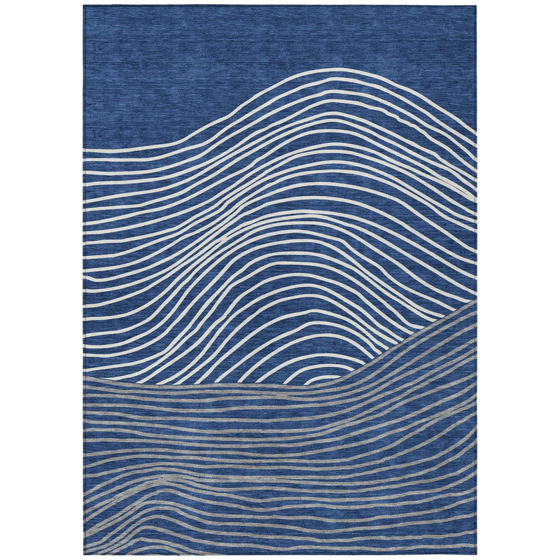 5' X 8' Navy Blue And Ivory Striped Washable Indoor Outdoor Area Rug
