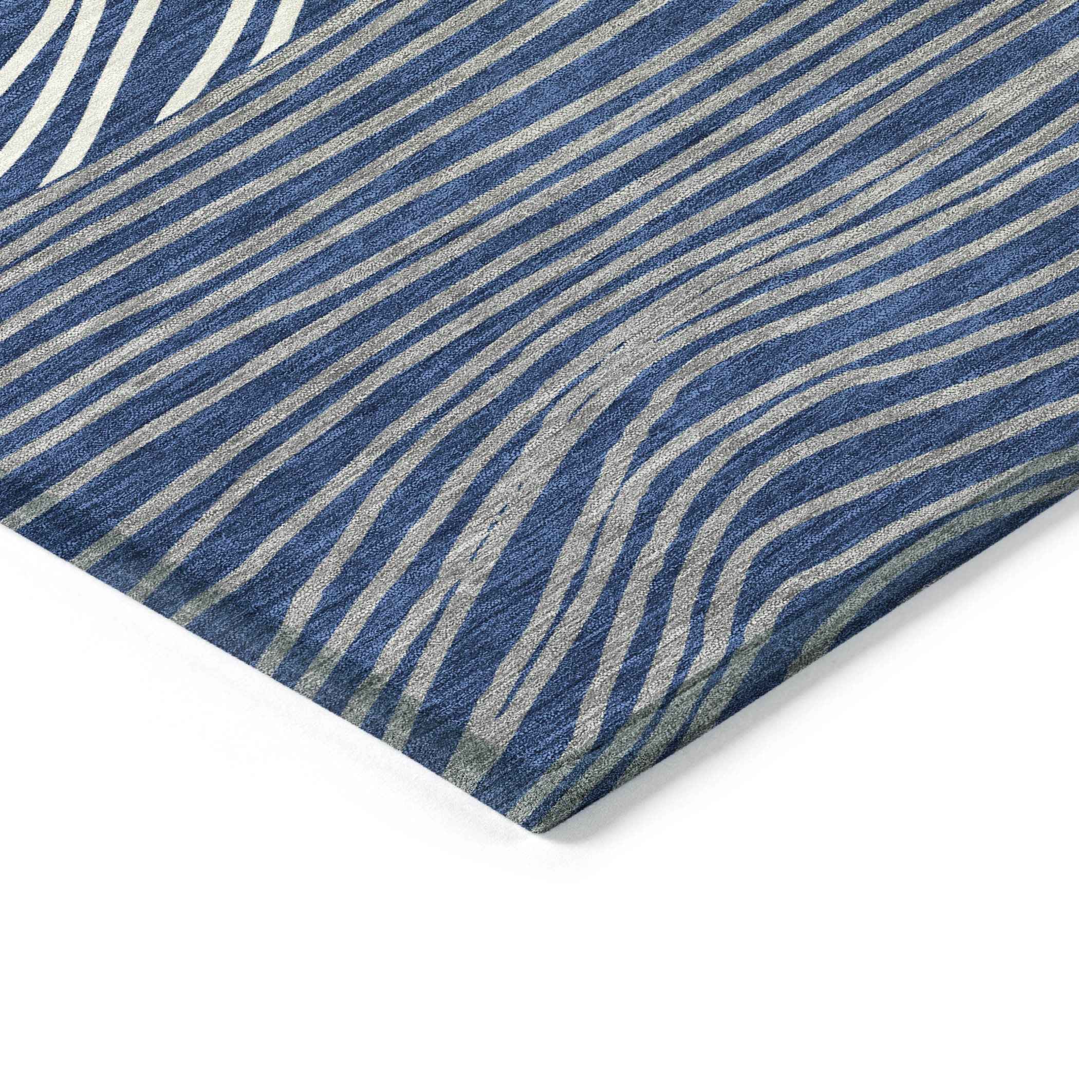 5' X 8' Navy Blue And Ivory Striped Washable Indoor Outdoor Area Rug