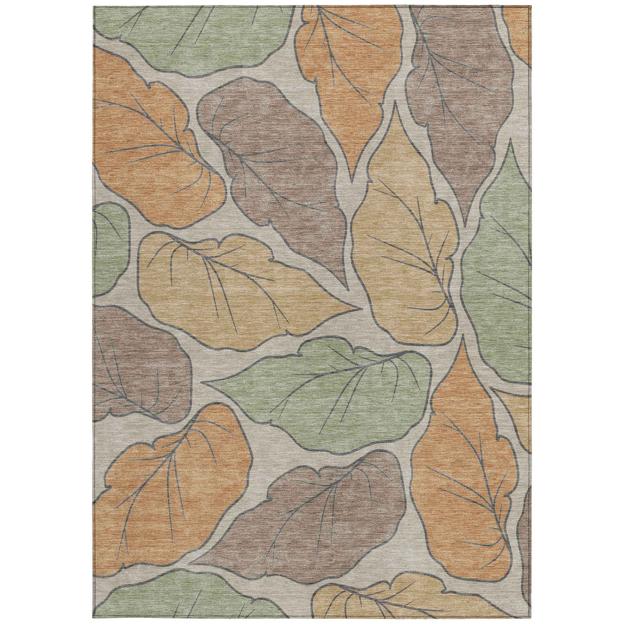 3' X 5' Copper Ivory And Sage Botanical Leaves Washable Indoor Outdoor Area Rug