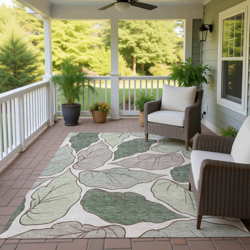 8' X 10' Fern Green And Ivory Botanical Leaves Washable Indoor Outdoor Area Rug