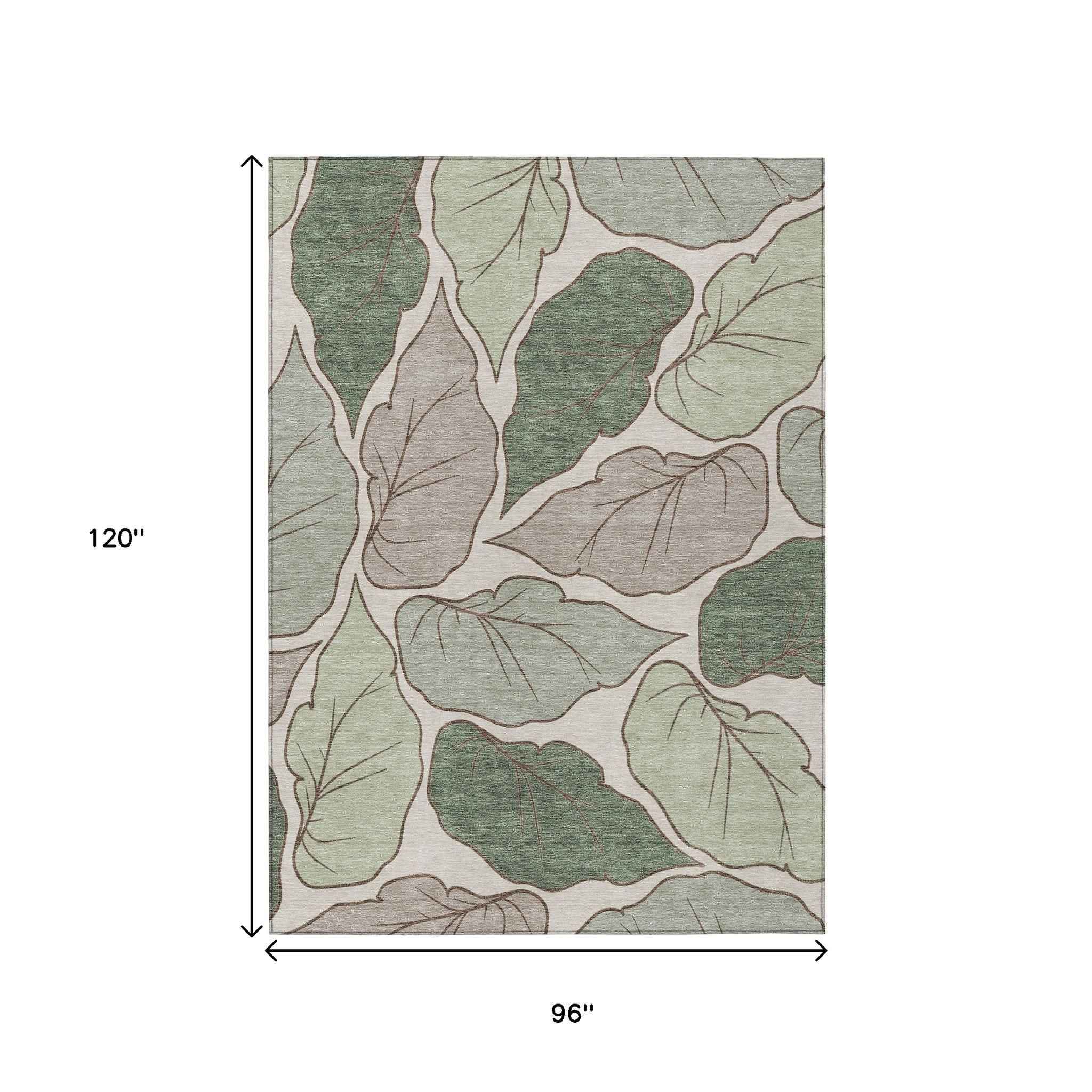 8' X 10' Fern Green And Ivory Botanical Leaves Washable Indoor Outdoor Area Rug