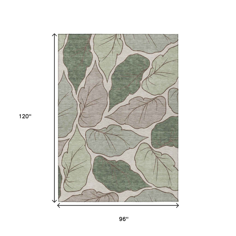 8' X 10' Fern Green And Ivory Botanical Leaves Washable Indoor Outdoor Area Rug