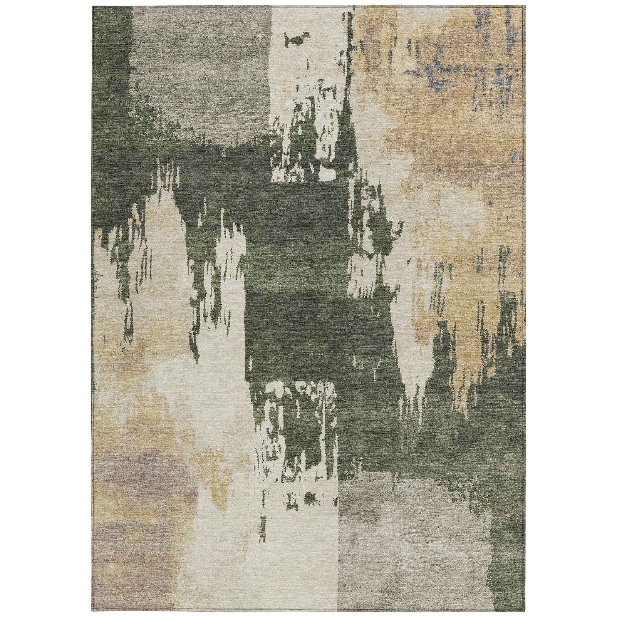 8' X 10' Olive Green Ivory And Tan Abstract Washable Indoor Outdoor Area Rug