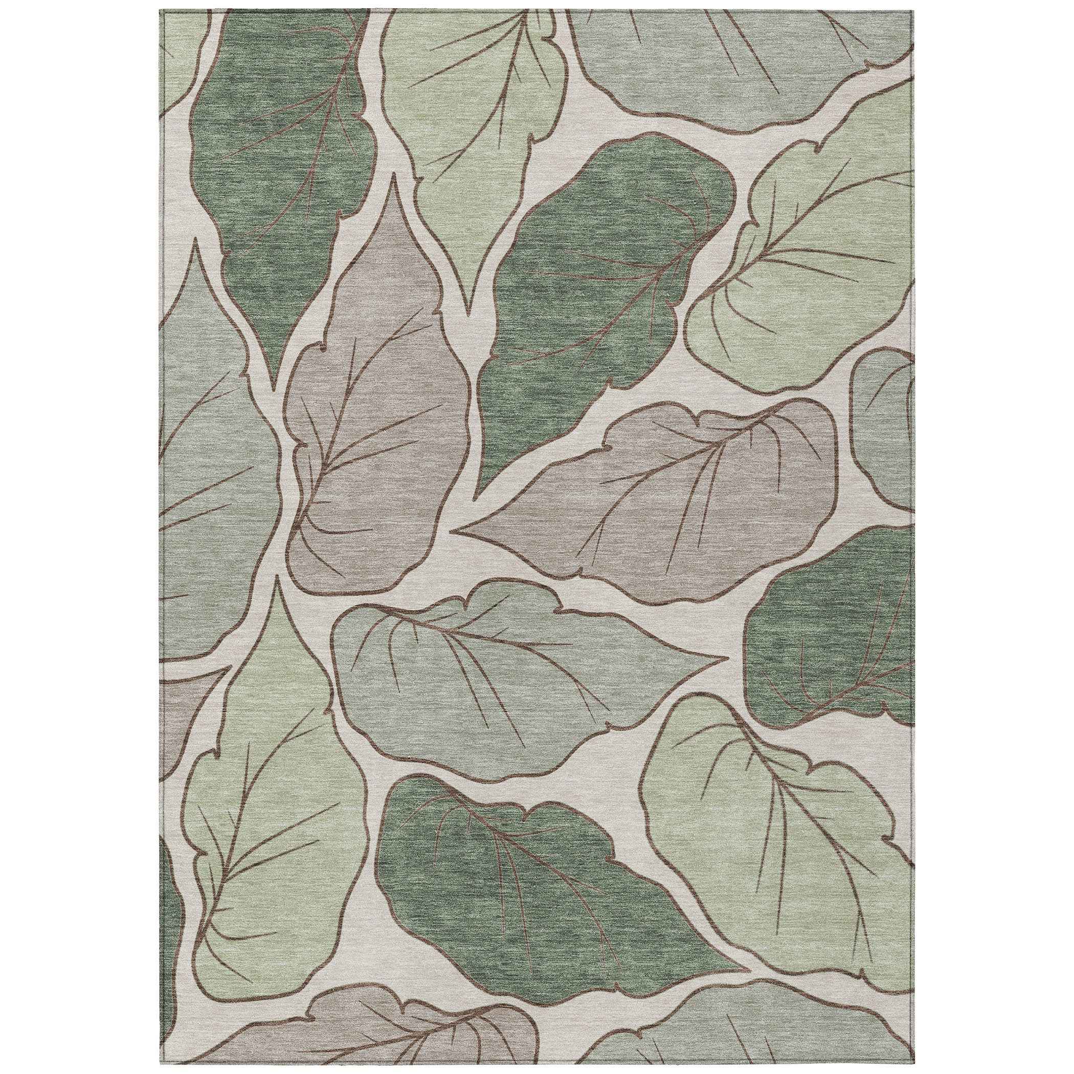 8' X 10' Fern Green And Ivory Botanical Leaves Washable Indoor Outdoor Area Rug