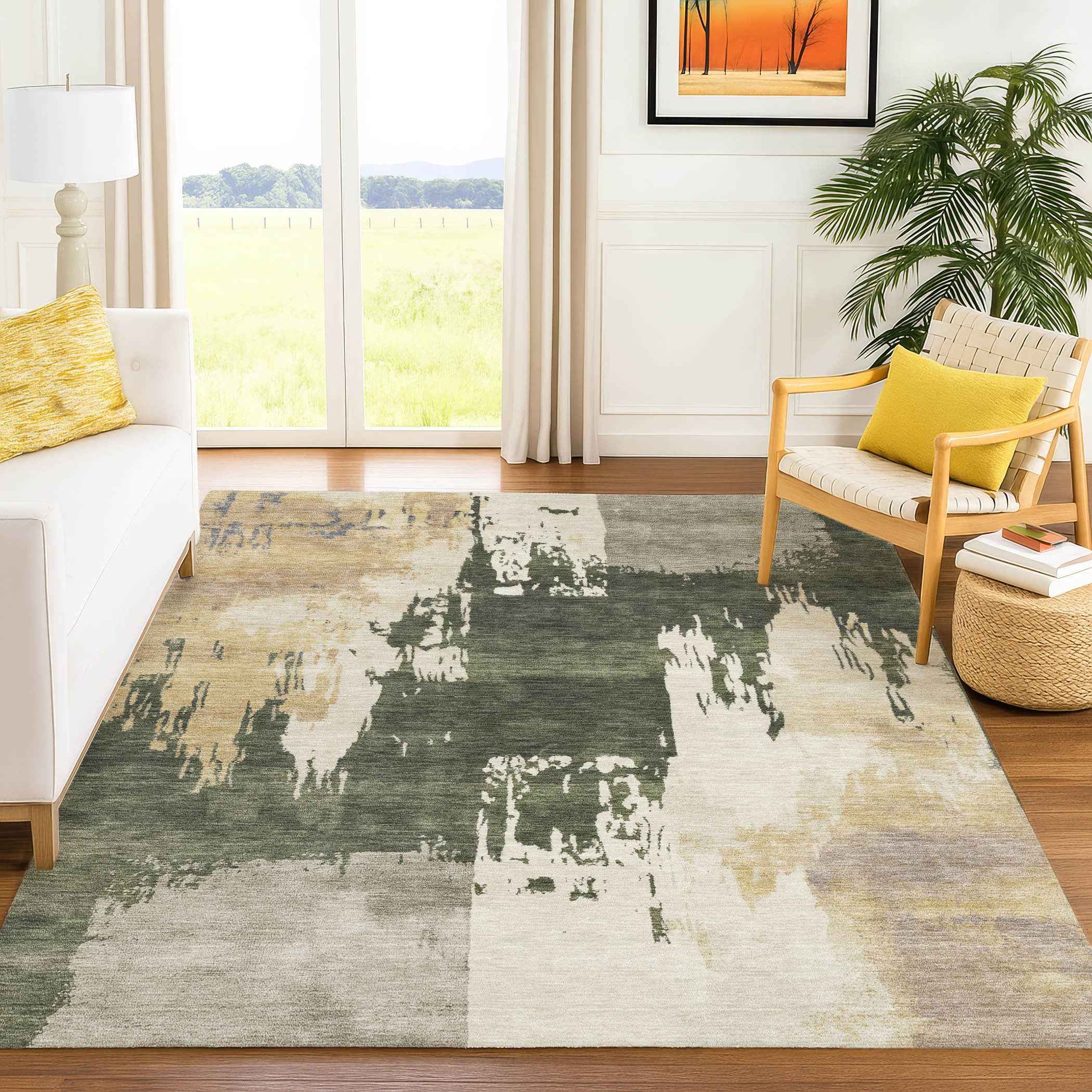 8' X 10' Olive Green Ivory And Tan Abstract Washable Indoor Outdoor Area Rug