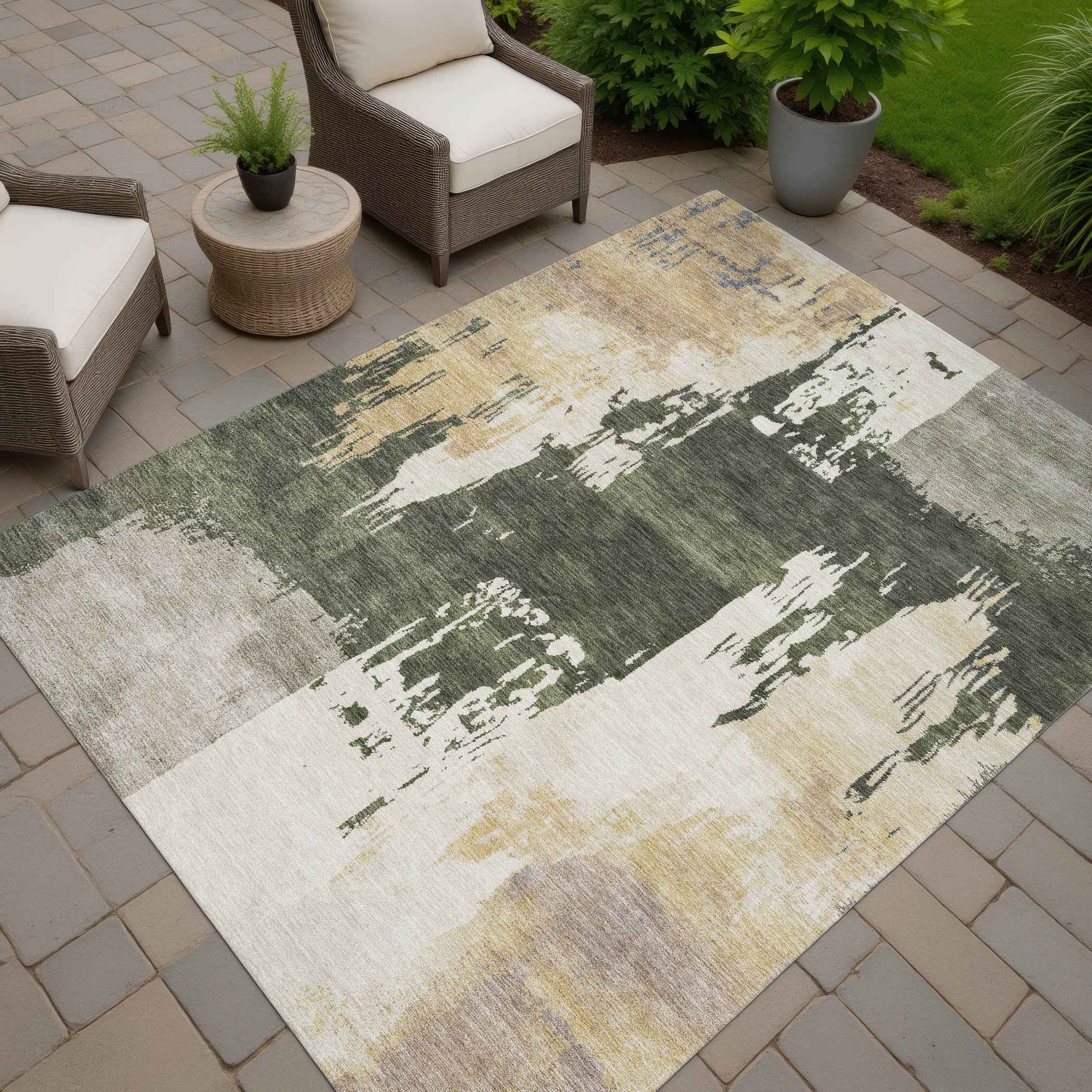 8' X 10' Olive Green Ivory And Tan Abstract Washable Indoor Outdoor Area Rug