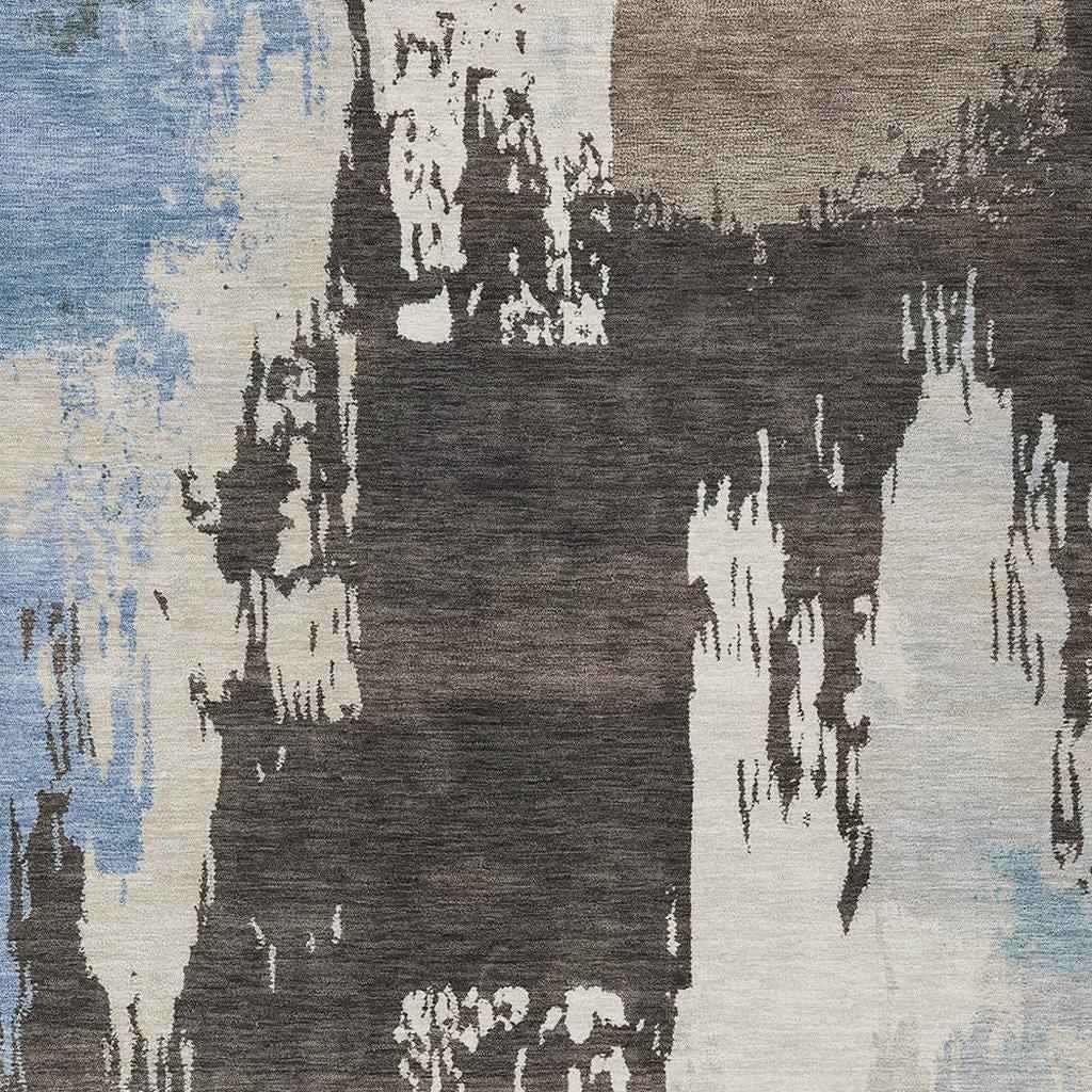 8' X 10' Brown Ivory And Blue Abstract Washable Indoor Outdoor Area Rug