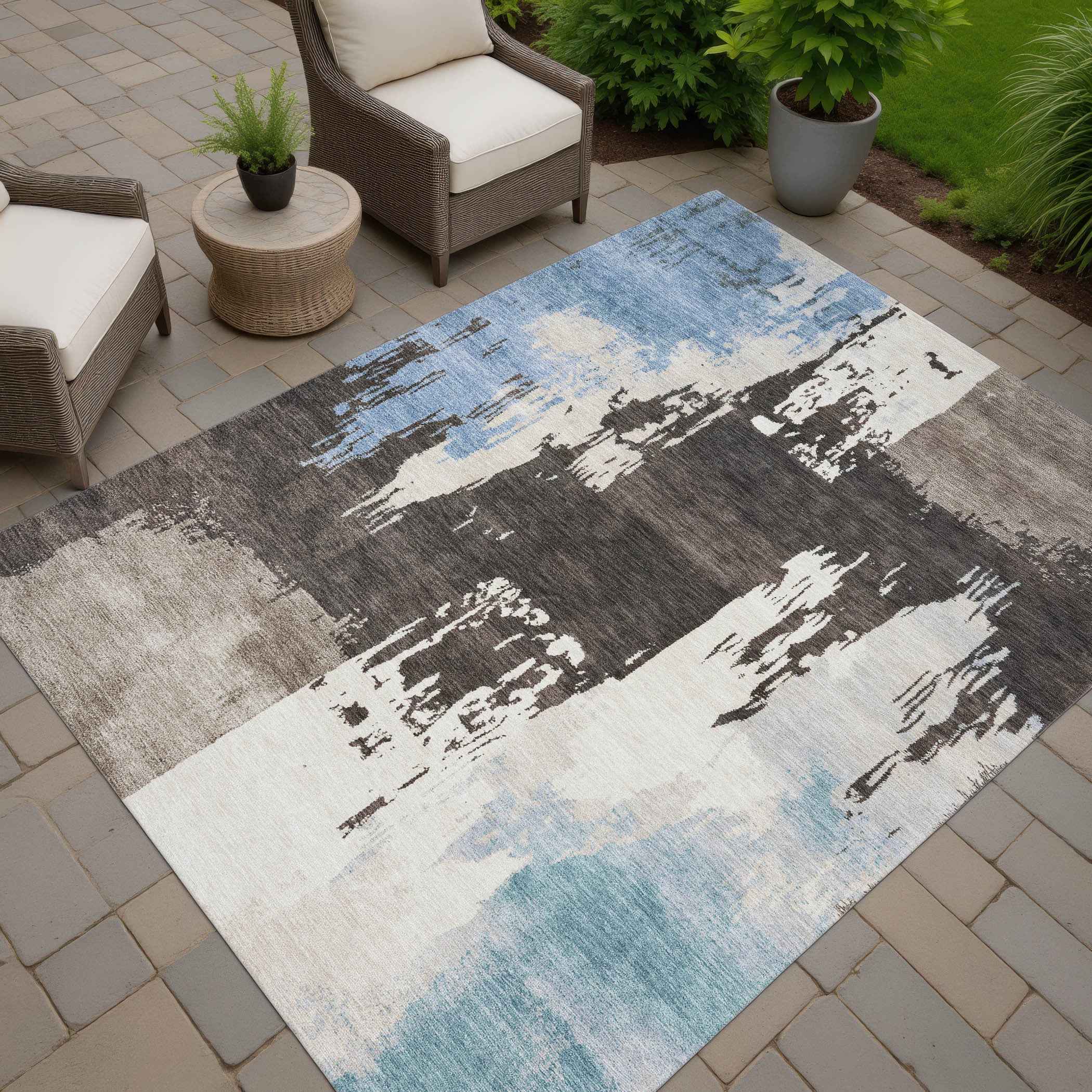 8' X 10' Brown Ivory And Blue Abstract Washable Indoor Outdoor Area Rug