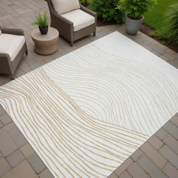 8' X 10' Ivory And Wheat Striped Washable Indoor Outdoor Area Rug