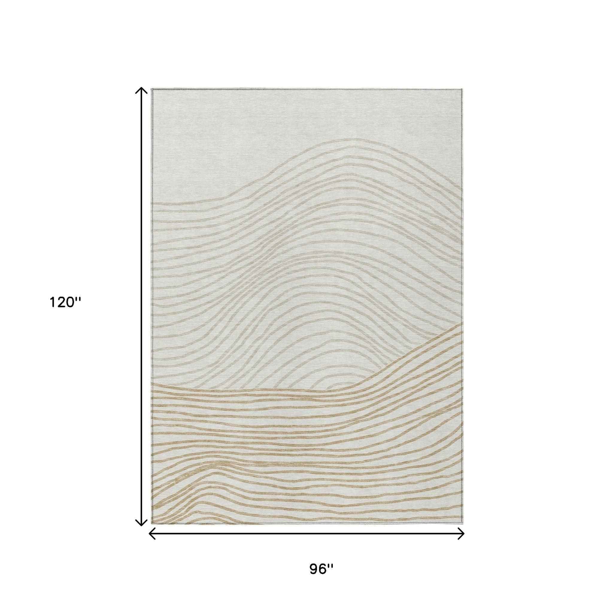 8' X 10' Ivory And Wheat Striped Washable Indoor Outdoor Area Rug